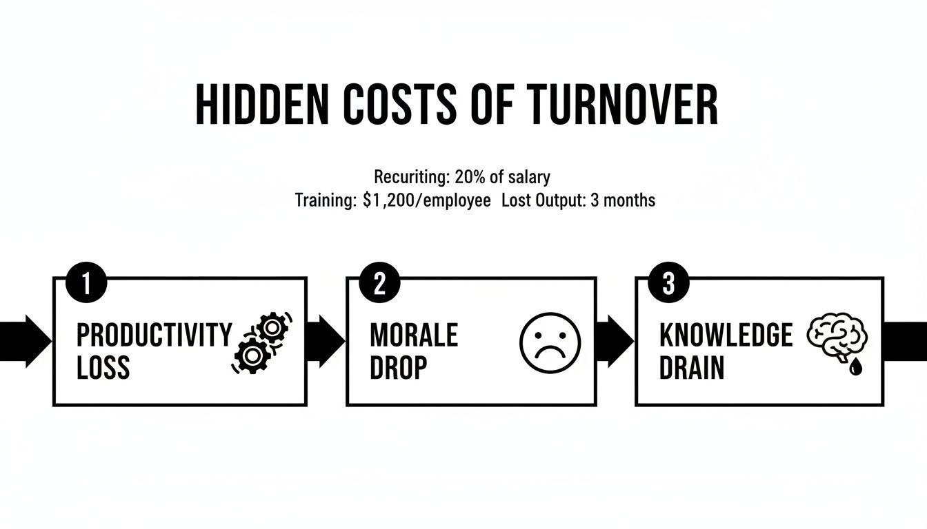 Infographic illustrating the hidden costs of employee turnover, including productivity loss, morale drop, and knowledge drain.