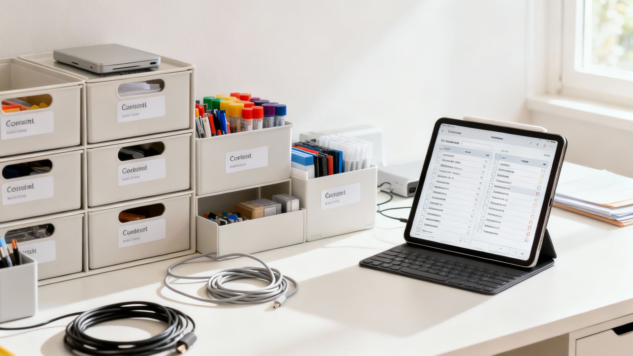 A neatly organized office desk featuring beige storage boxes, colorful pens, an iPad, and cables.
