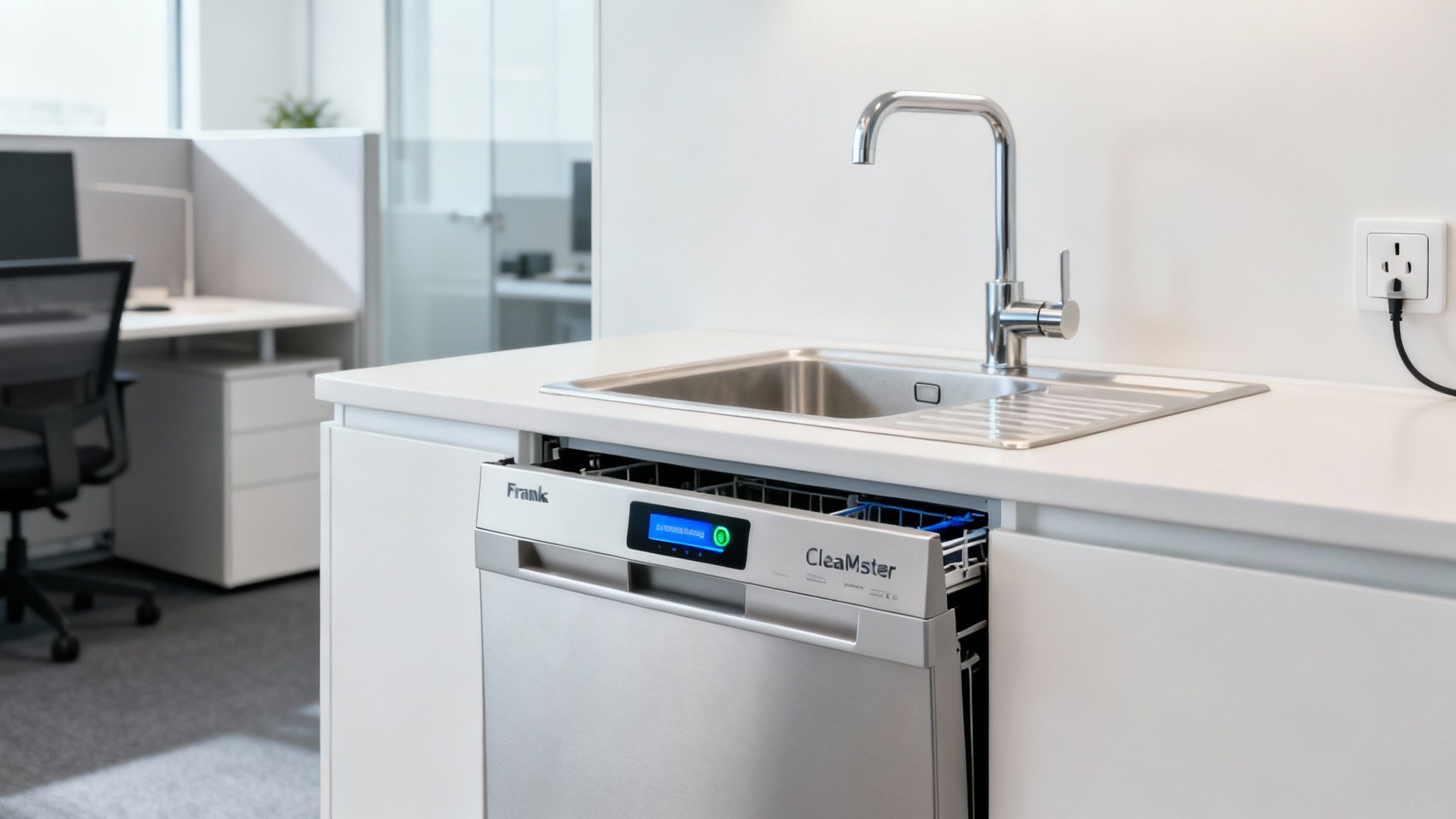 A clean and modern office kitchen with the Franke SB1200 seamlessly integrated into the counter.