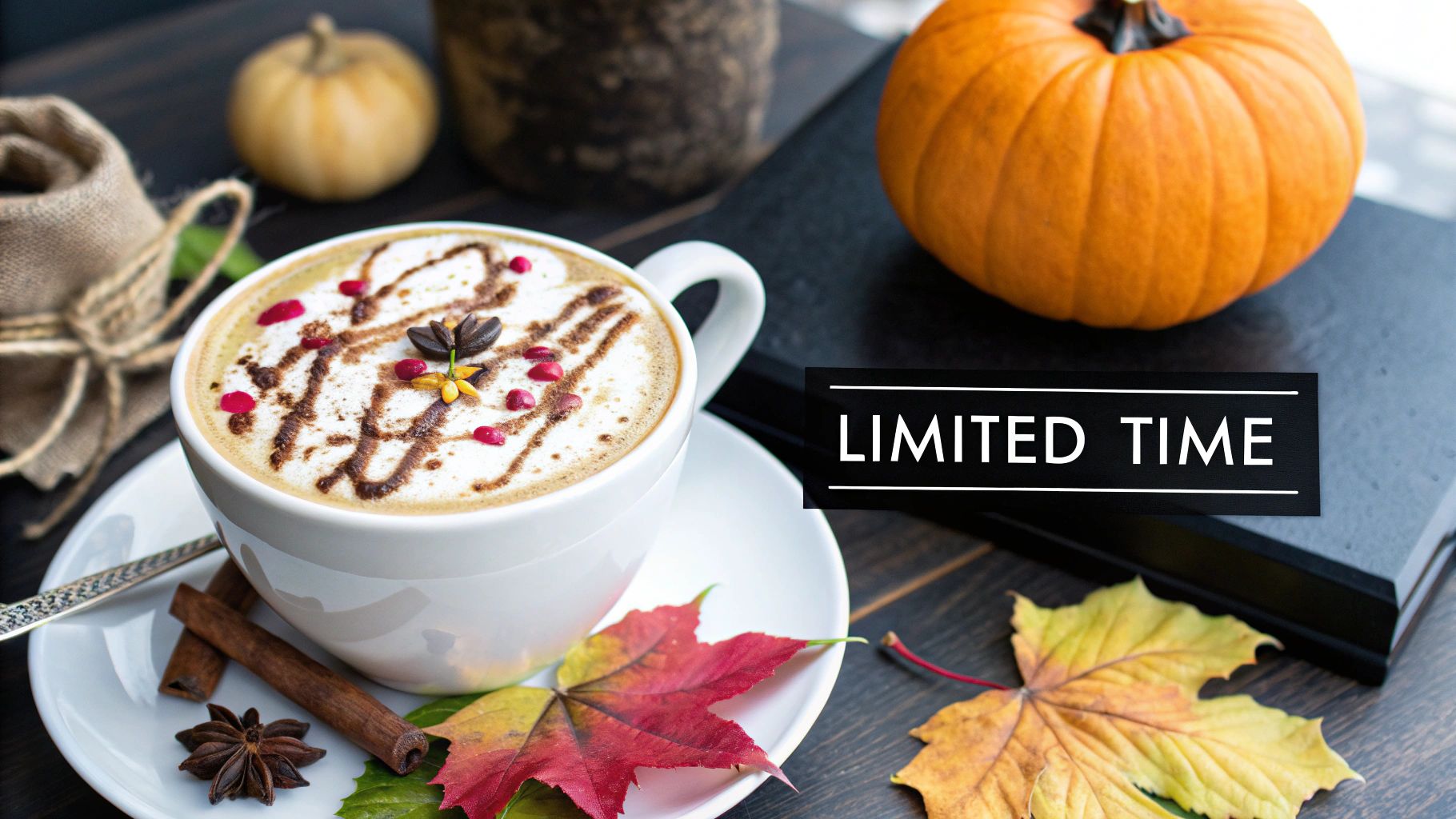 A person pouring milk into a seasonal coffee drink, surrounded by autumnal decorations like pumpkins and cinnamon sticks.