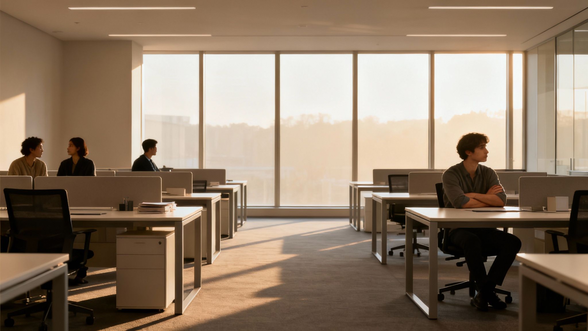 An office with several employees and desks, bathed in warm sunlight from large windows.