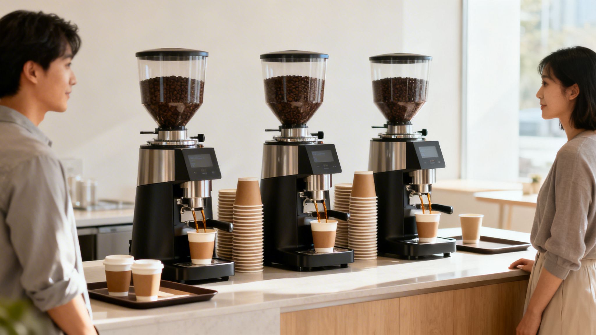 Three modern coffee machines dispensing coffee into paper cups for guests in a hotel lobby.