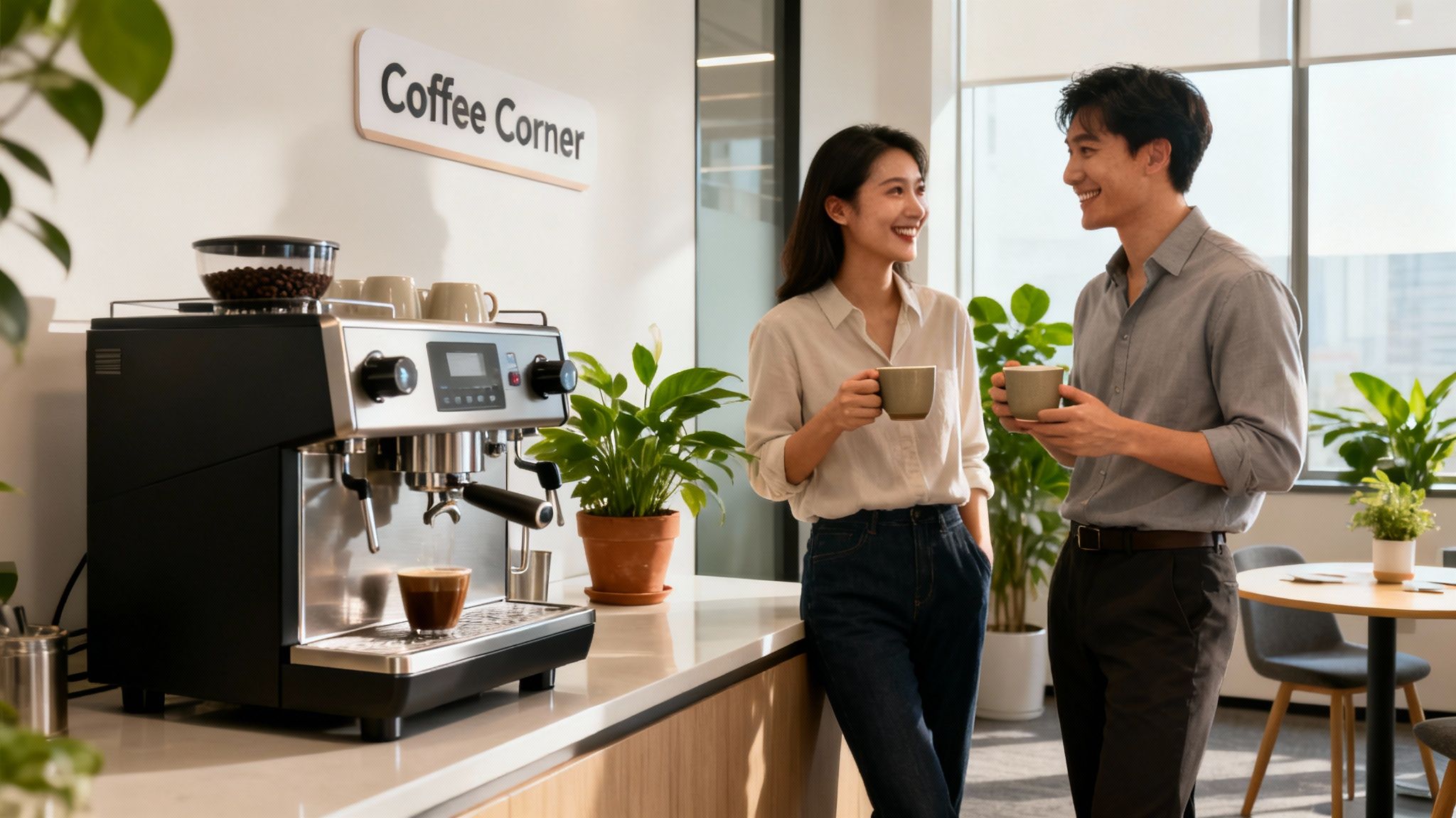 Two smiling colleagues enjoying coffee and conversation at the modern office coffee corner.
