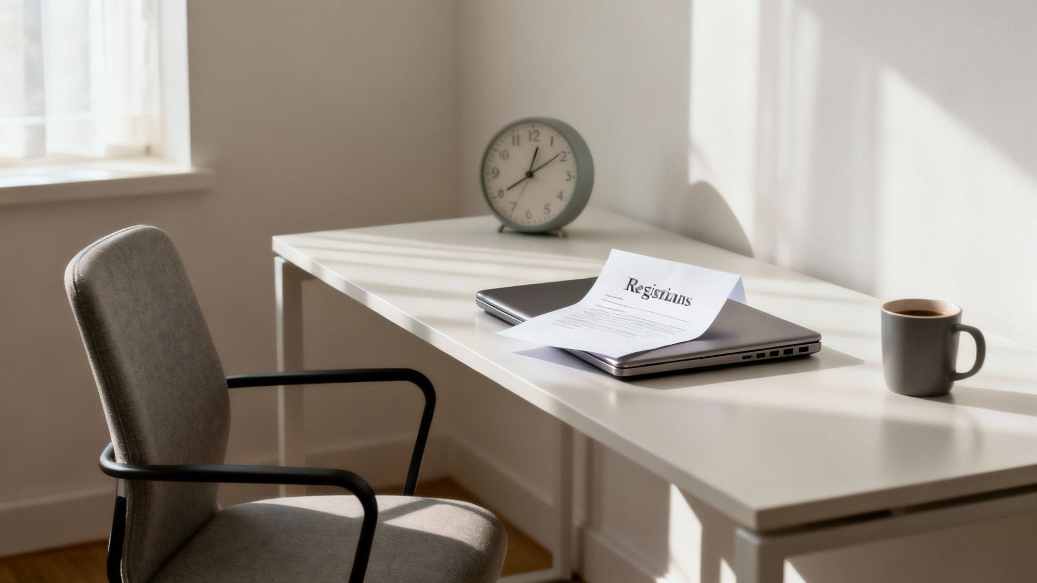 Minimalist office desk with laptop, resignation letter, coffee mug, and clock representing employee departure
