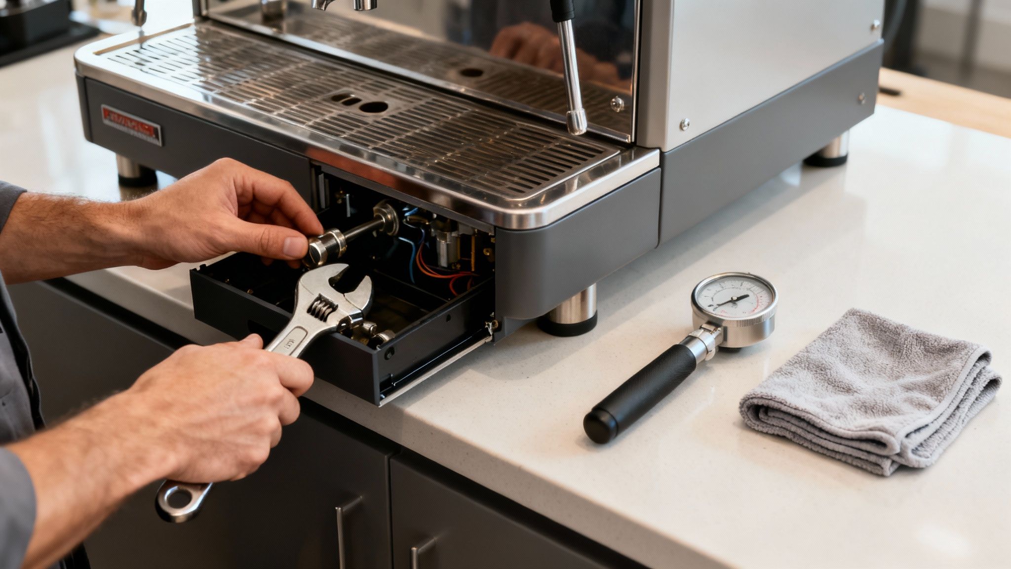 A technician carefully servicing a commercial espresso machine, highlighting the importance of regular maintenance.