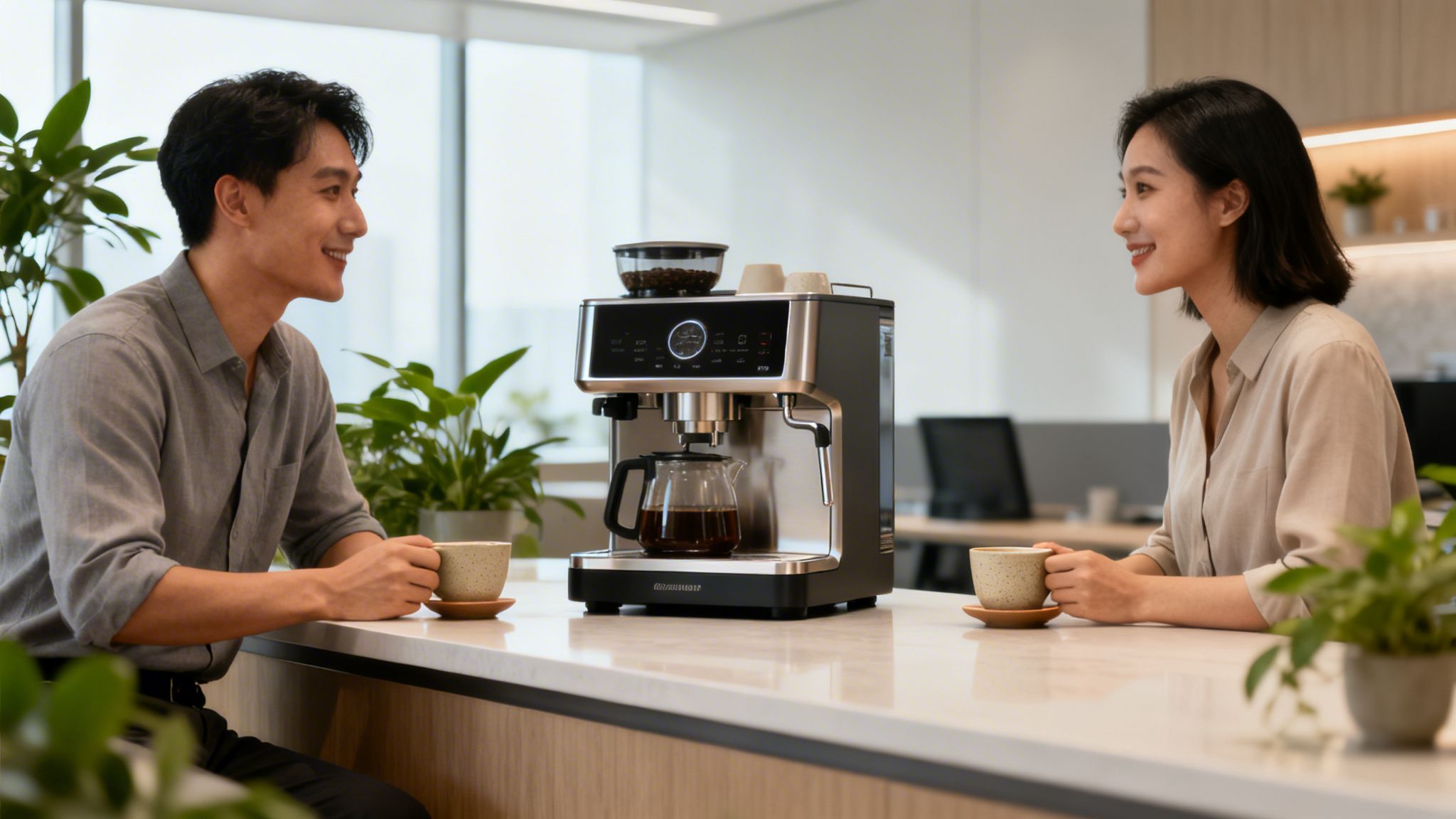 Two smiling people enjoy coffee from a modern machine at a bright office counter.