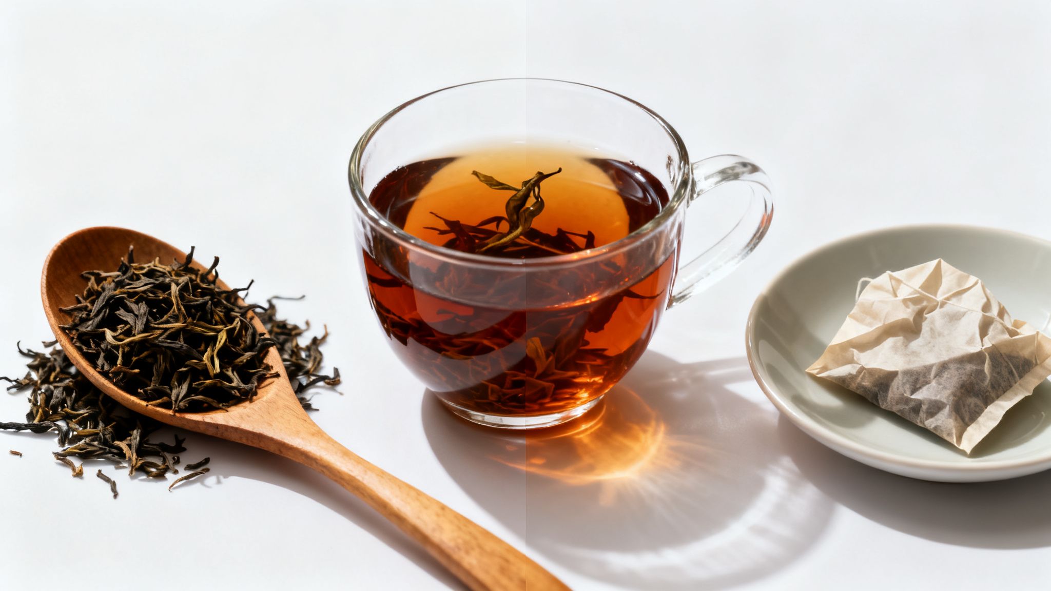 A wooden spoon with loose leaf tea, a glass cup of brewed tea, and a tea bag on a saucer.