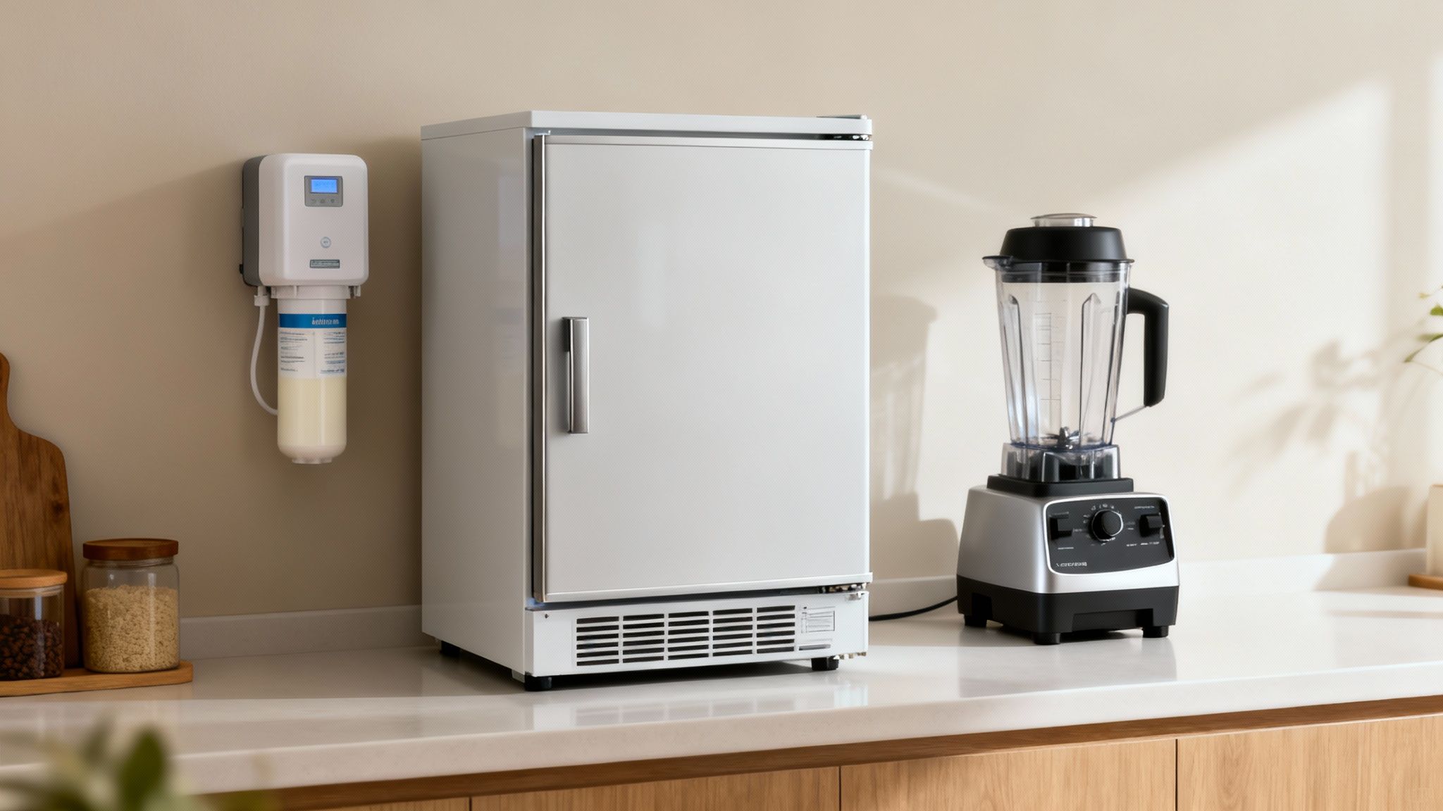 Modern kitchen countertop featuring a water filter, a white mini fridge, and a blender.