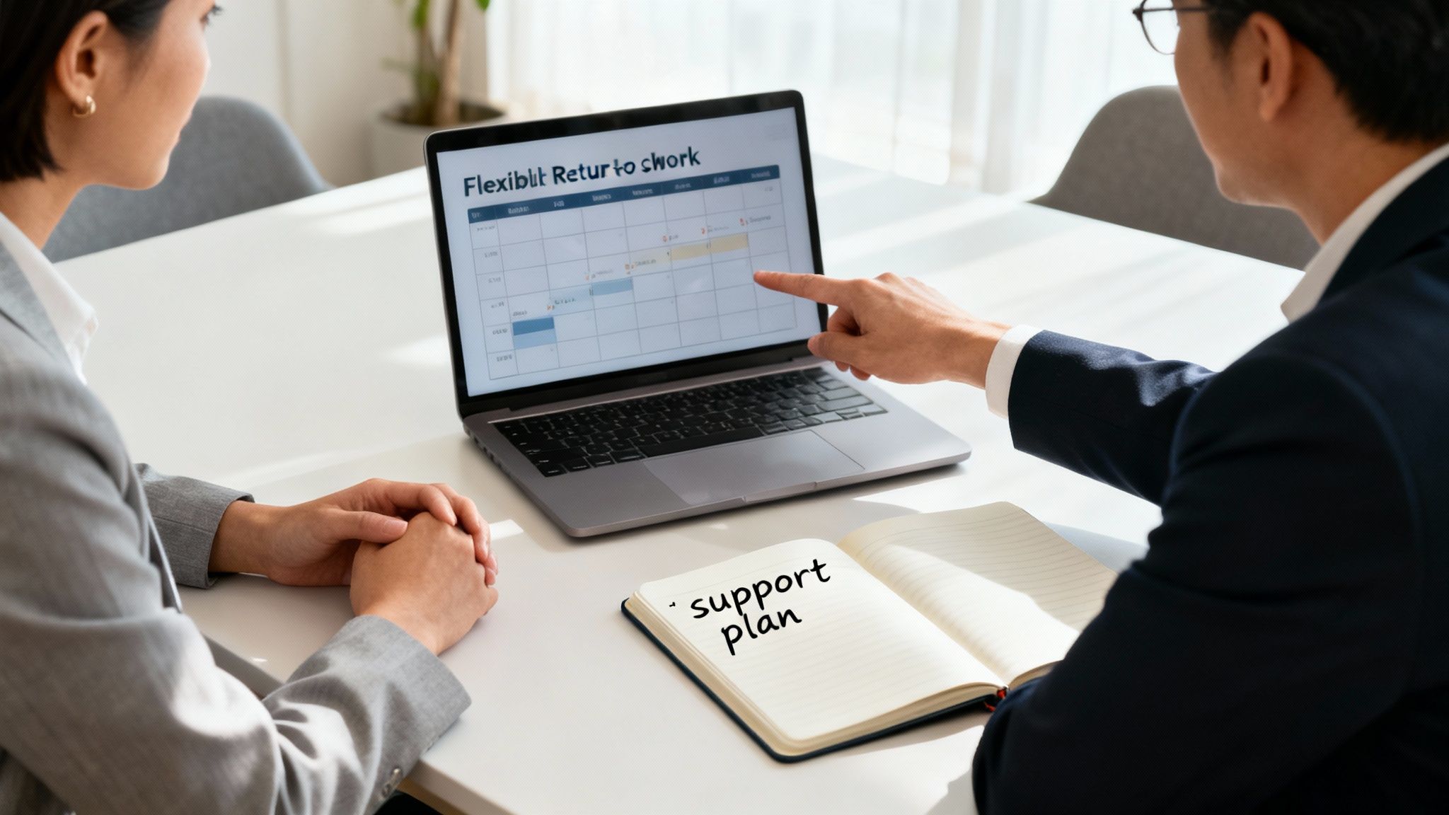 Two professionals discuss a flexible return-to-work schedule on a laptop, with a 'support plan' notebook.