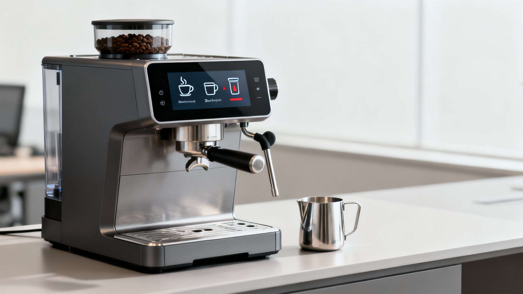 A modern office coffee machine with a one-touch screen