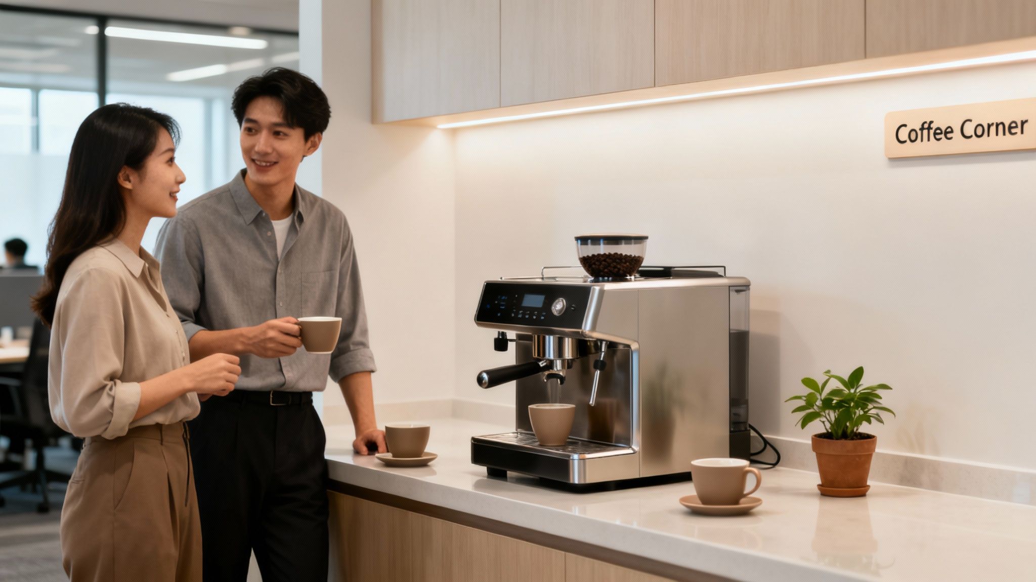 Two smiling colleagues enjoy coffee and conversation at an office coffee corner with an espresso machine.