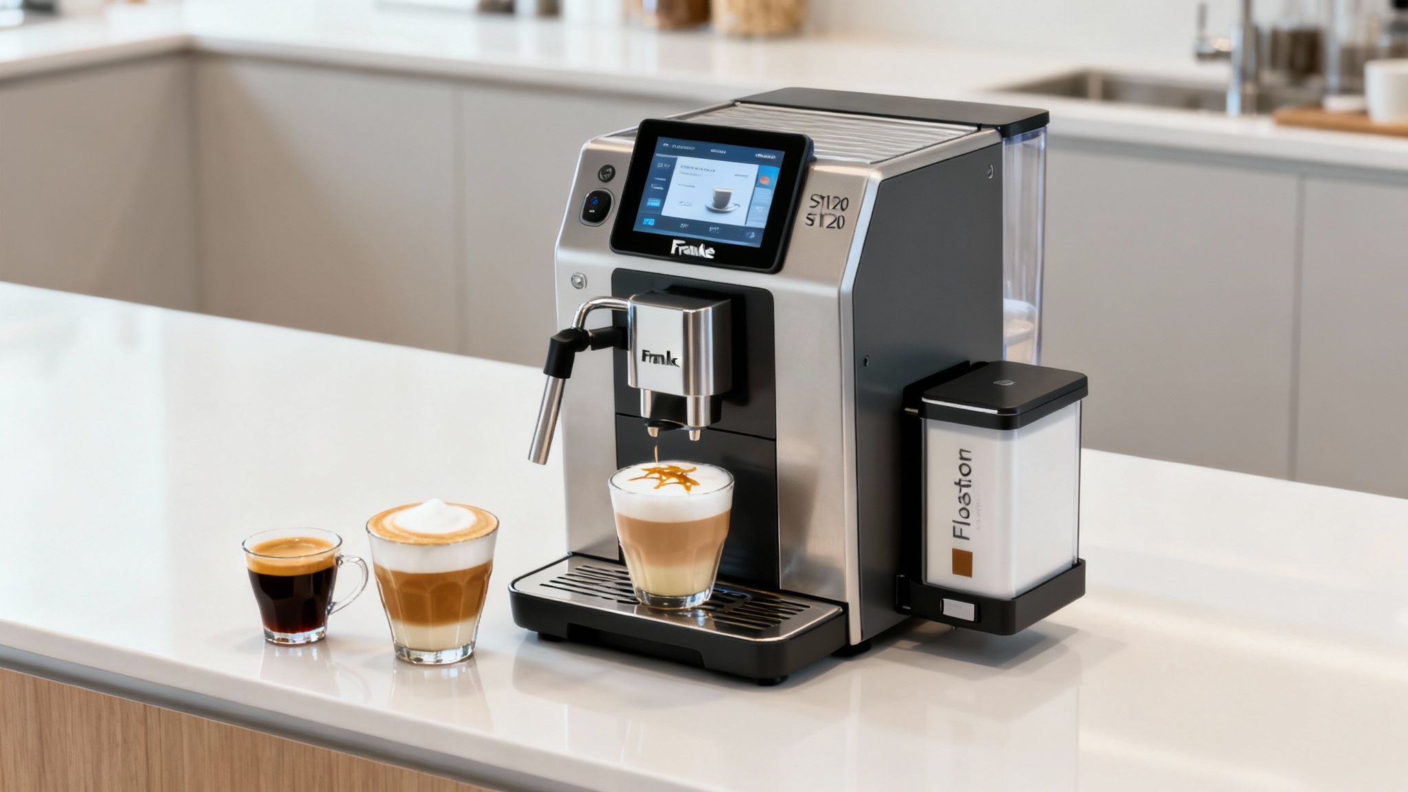 A stylish office setting where an employee is happily using the large touchscreen on a Franke SB1200.