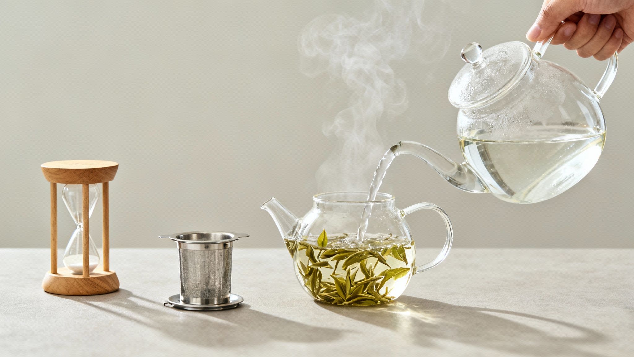 A hand pours hot water into a glass teapot with loose green tea leaves, creating steam, next to an hourglass and infuser.