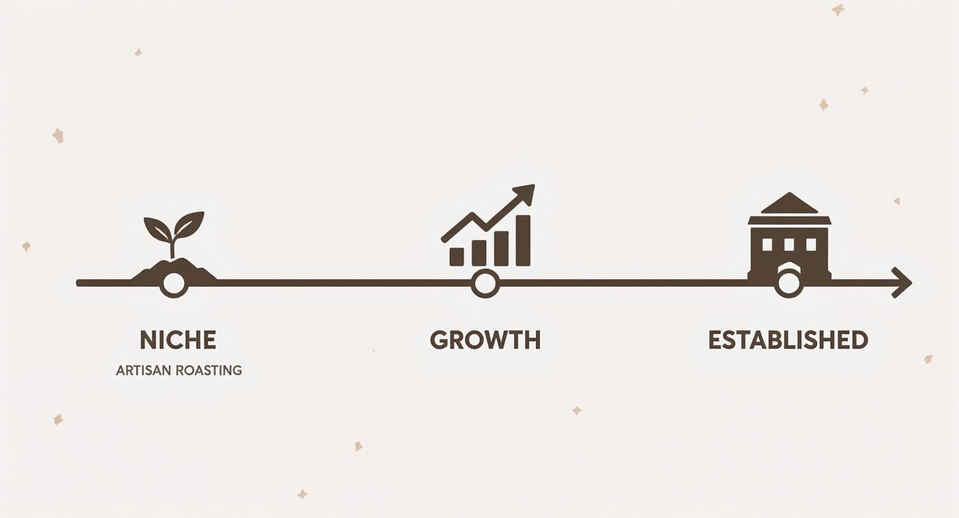 Business growth timeline showing progression from niche artisan roasting through growth to established coffee company