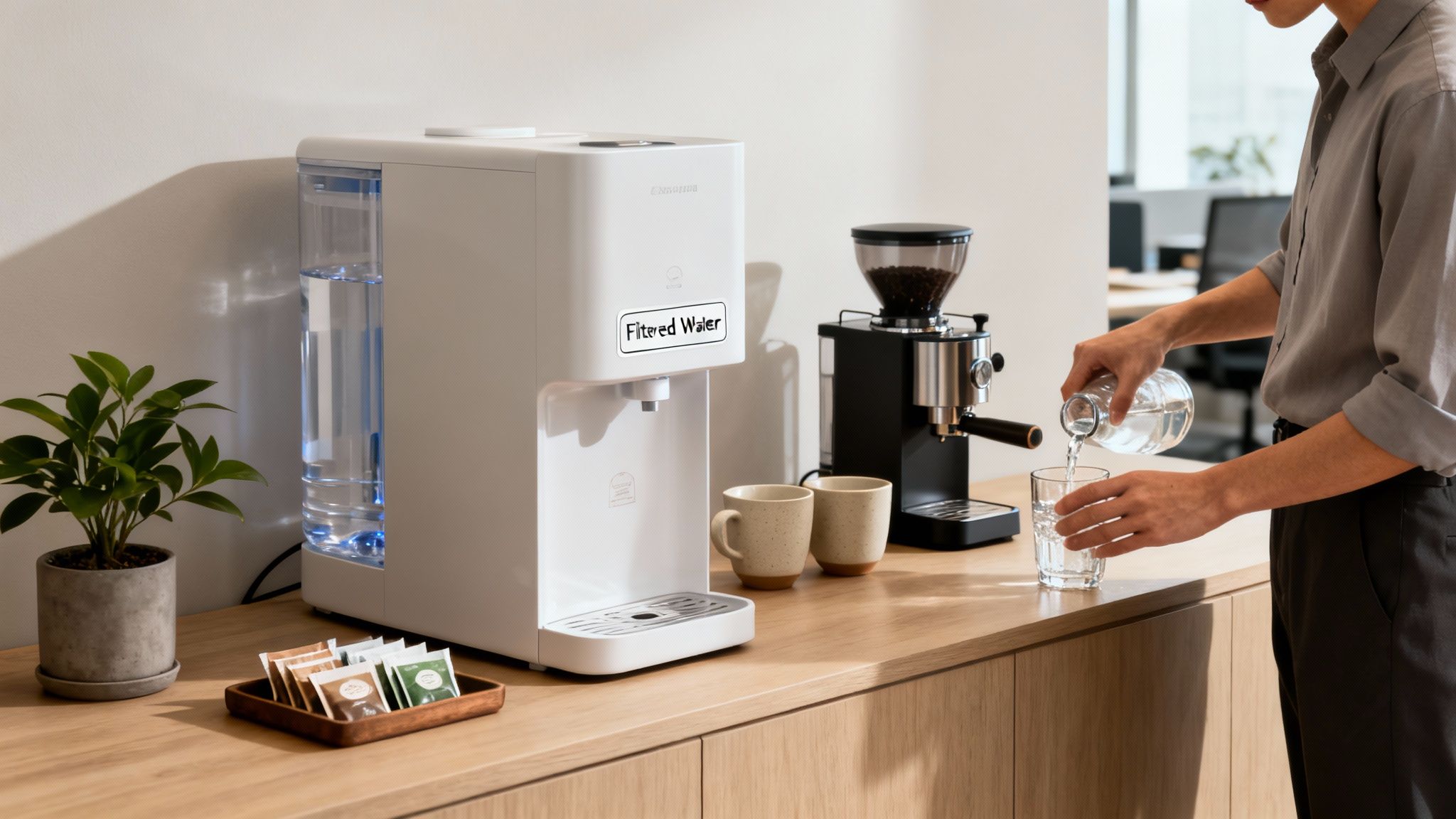 Man pouring water from a bottle into a glass next to a white filtered water dispenser.