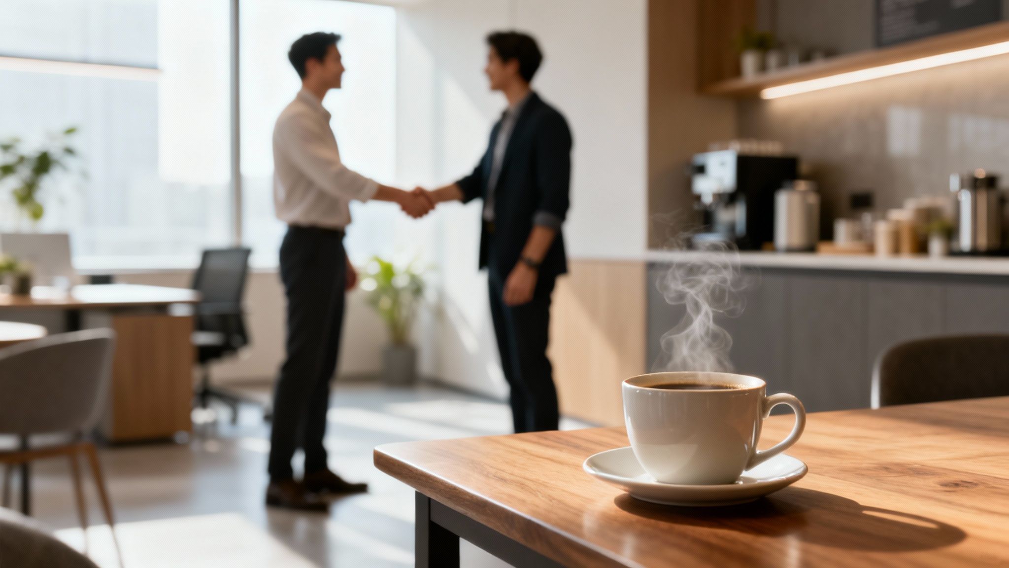 Steaming cup of coffee on a wooden table with two men shaking hands in a bright office.