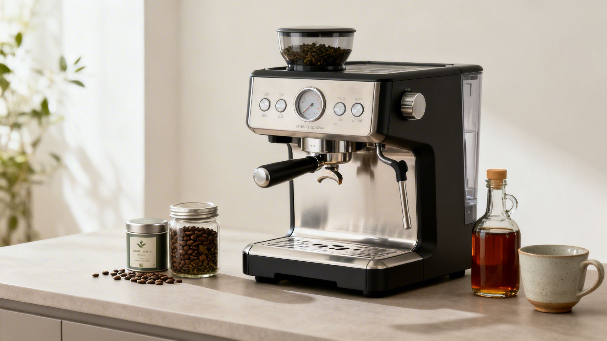 A sleek black and silver espresso machine on a kitchen counter with coffee beans and tea.
