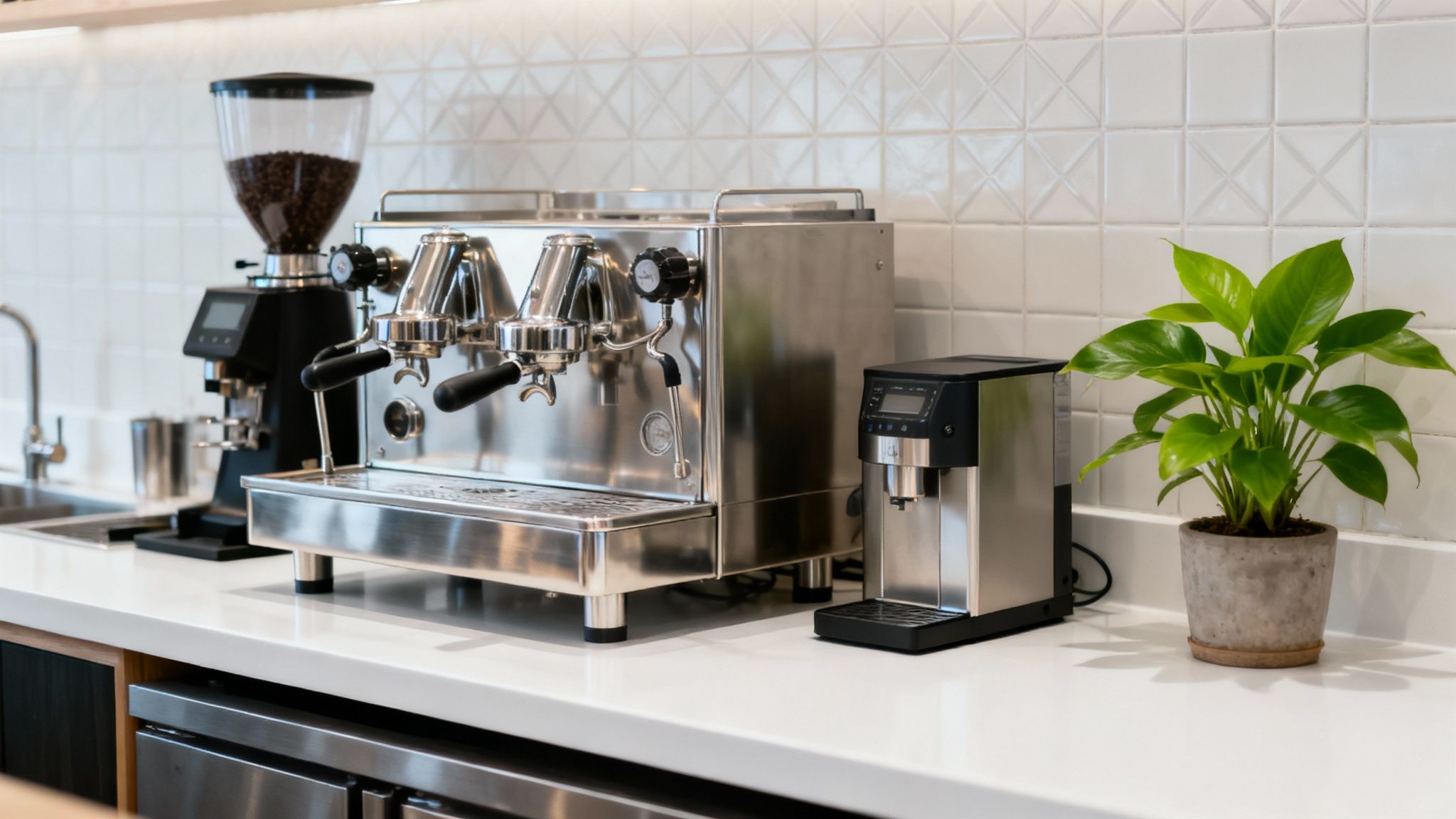 A professional espresso machine setup in a modern coffee shop, showing the heart of the operation.