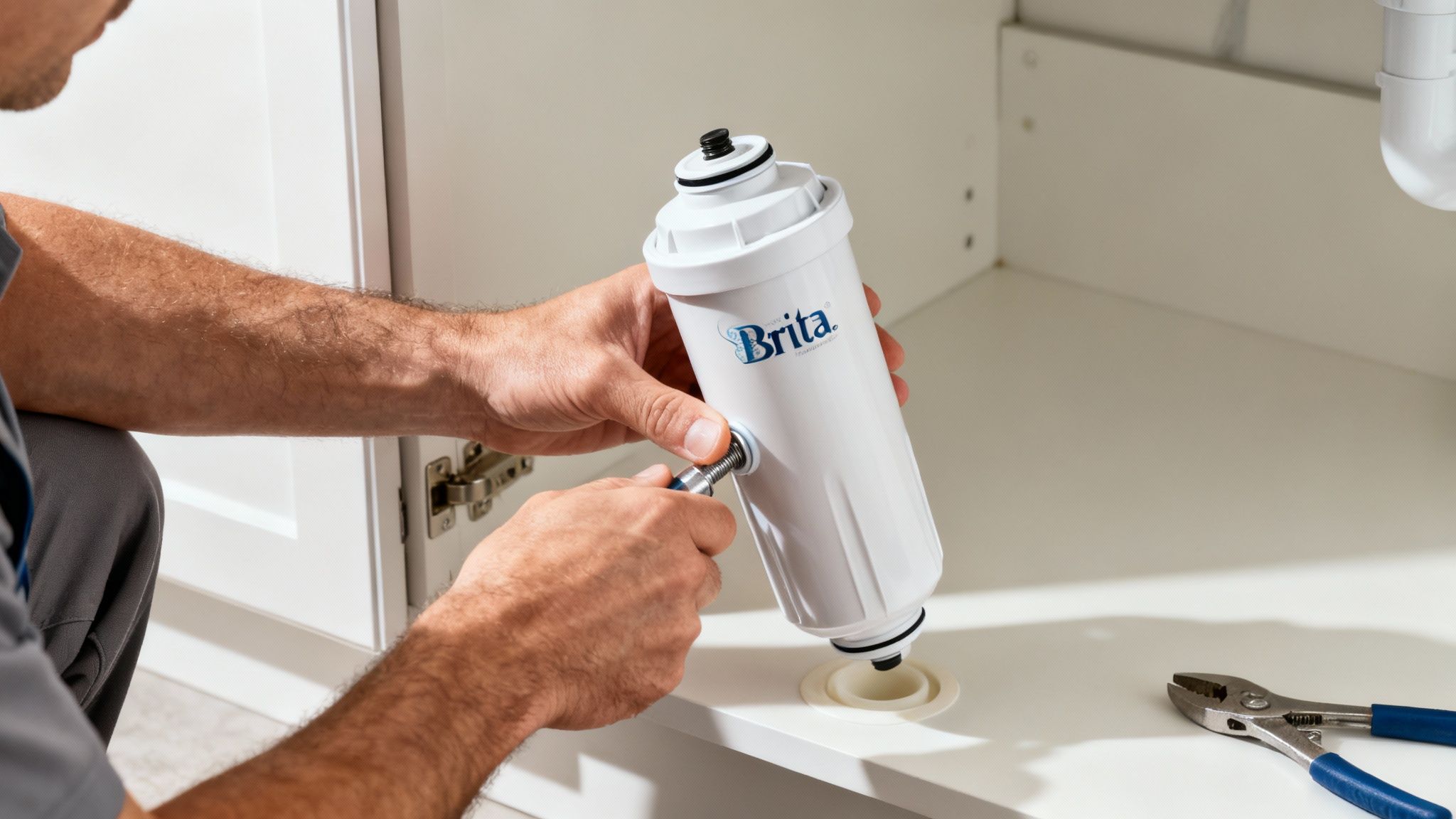 A person easily twisting a new filter cartridge into a Brita tap system under a sink.