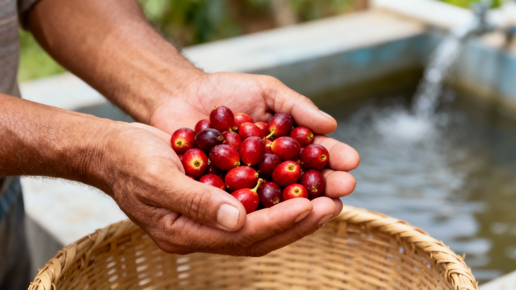 Close-up of vibrant red coffee cherries being held in hands