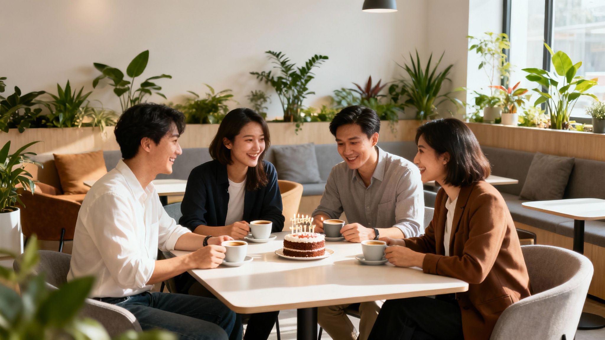 Four young Asian professionals celebrating a birthday with cake and coffee in a modern office lounge.