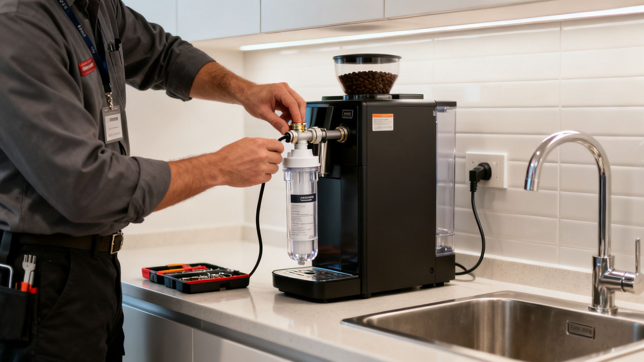 Technician connecting a water filter to a black bean-to-cup coffee machine in a modern kitchen.