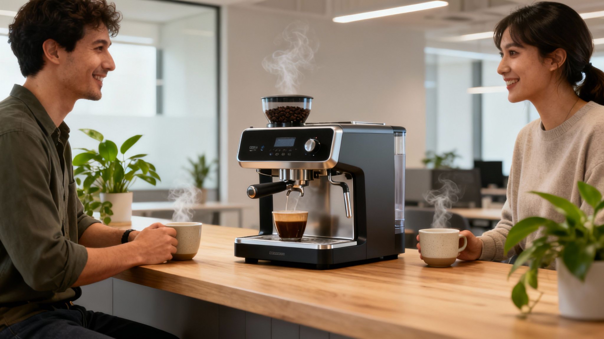 Two smiling colleagues enjoy a coffee break in a modern office, watching coffee being brewed by an automatic machine.