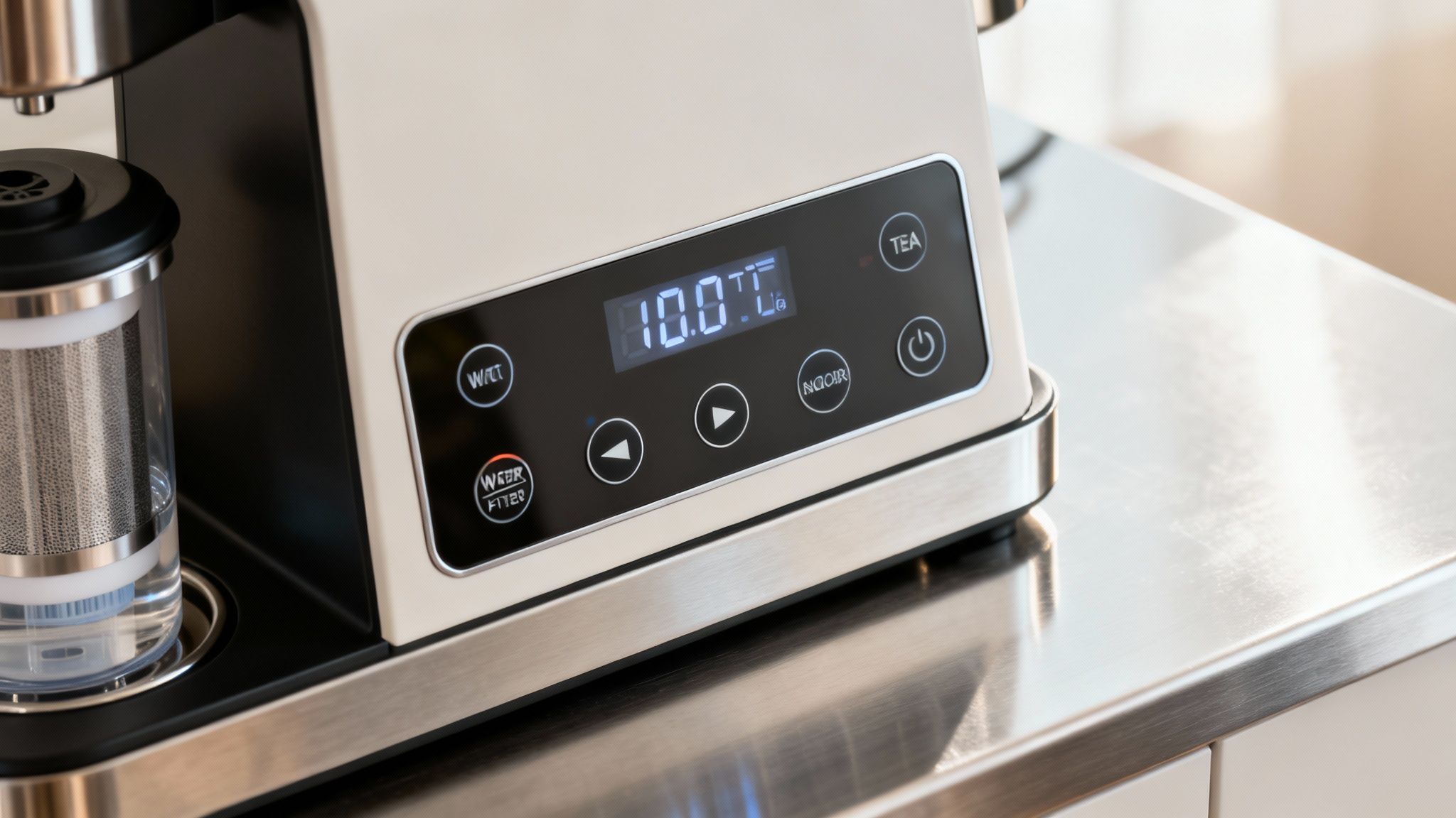 Digital control panel of a modern tea maker machine displaying temperature and various function buttons.