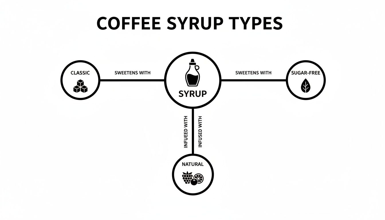 Diagram illustrating coffee syrup types: Classic (sweetened), Sugar-Free (sweetened), and Natural (infused).
