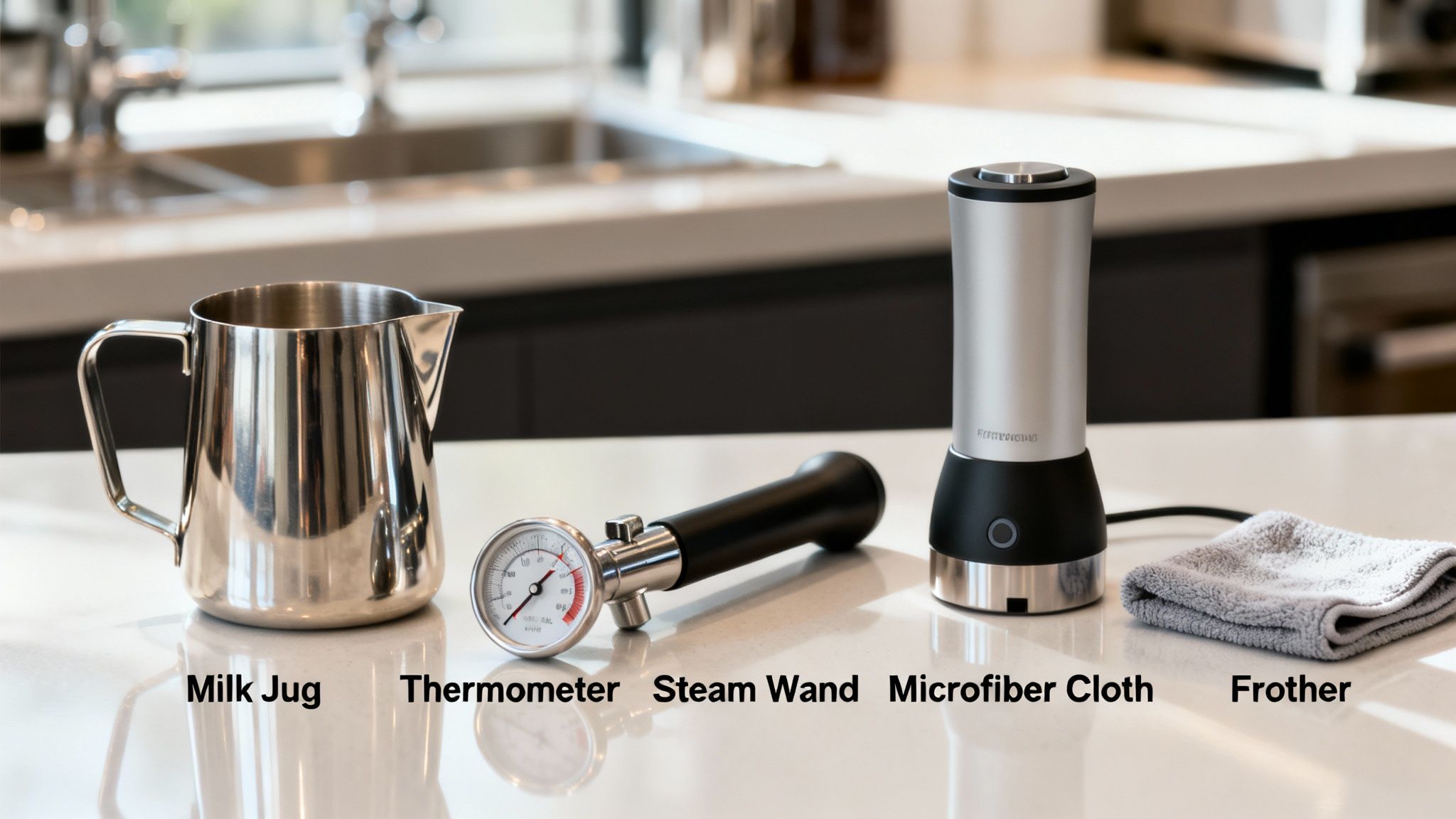 Various coffee preparation tools laid out on a counter, including a milk jug, thermometer, steam wand, frother, and microfiber cloth.