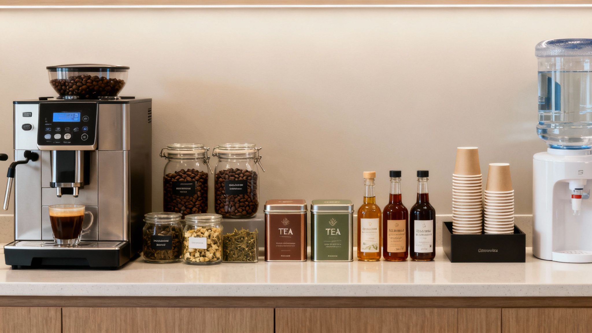 A modern office coffee station featuring a bean-to-cup machine, various teas, coffee beans, syrups, and a water cooler.