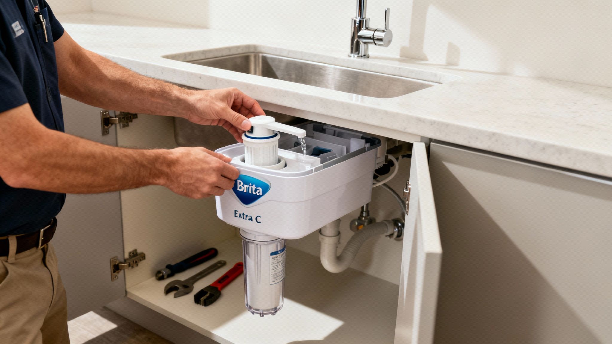A technician easily installing the under-counter unit of a Brita Extra C Tap in a clean office kitchen.