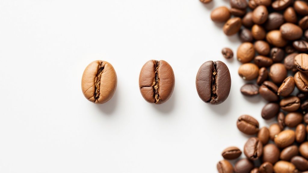 A close-up shot of various coffee beans in rustic wooden bowls, showcasing different roast levels from light to dark.