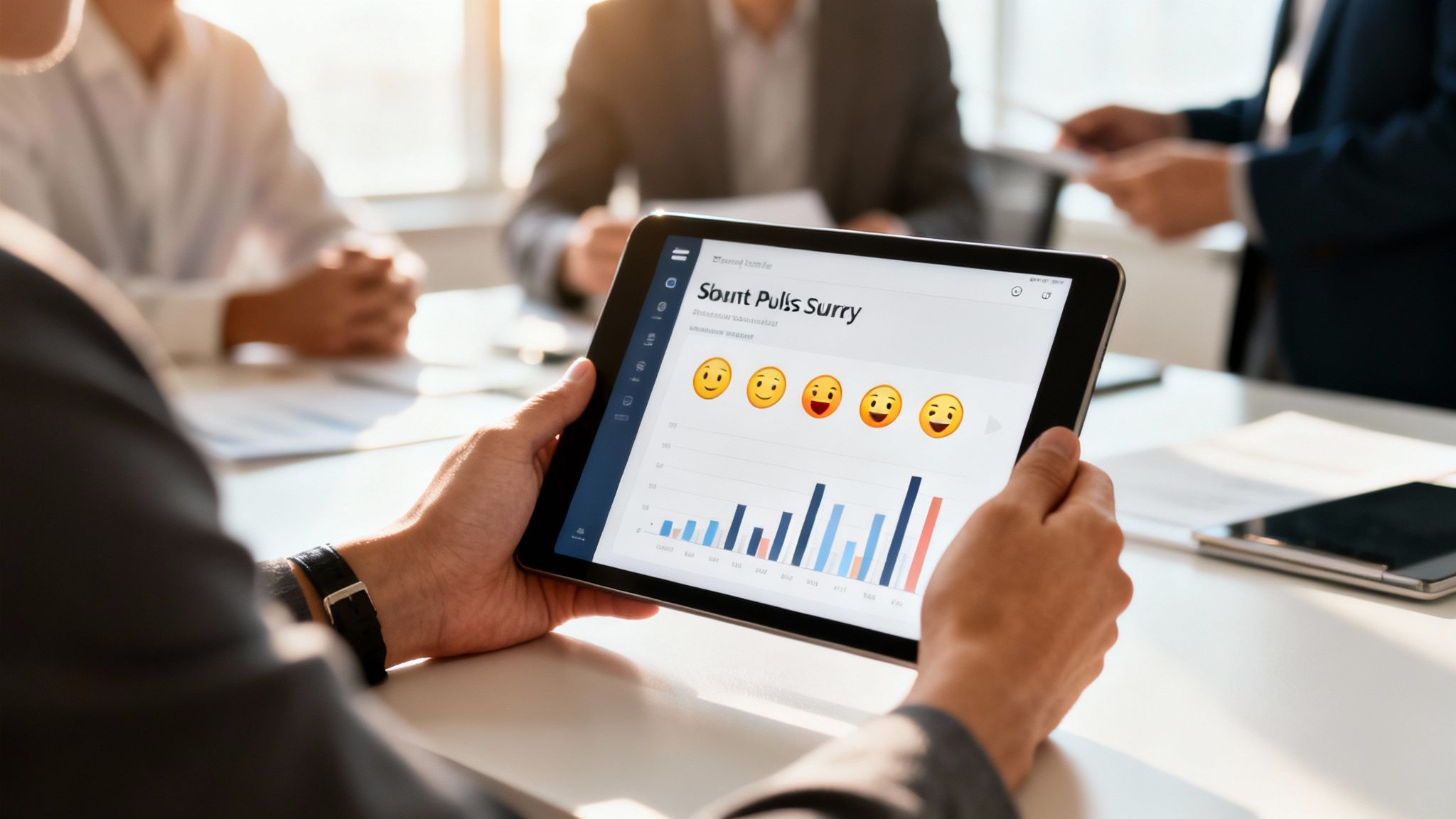 Hands hold a tablet displaying an employee satisfaction survey with emoji ratings and a bar chart in a meeting.
