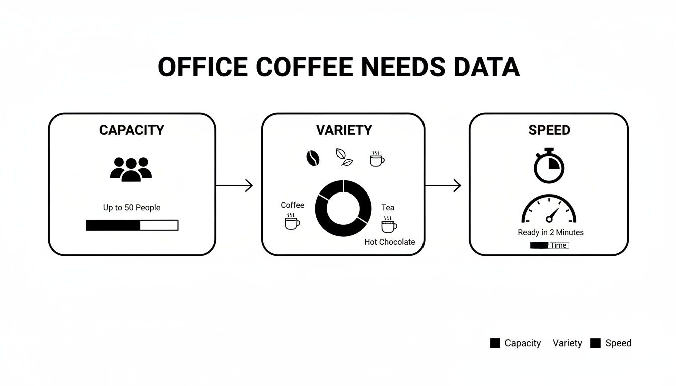Data visualization showing office coffee machine needs: capacity for 50 people, drink variety, and 2-minute speed.