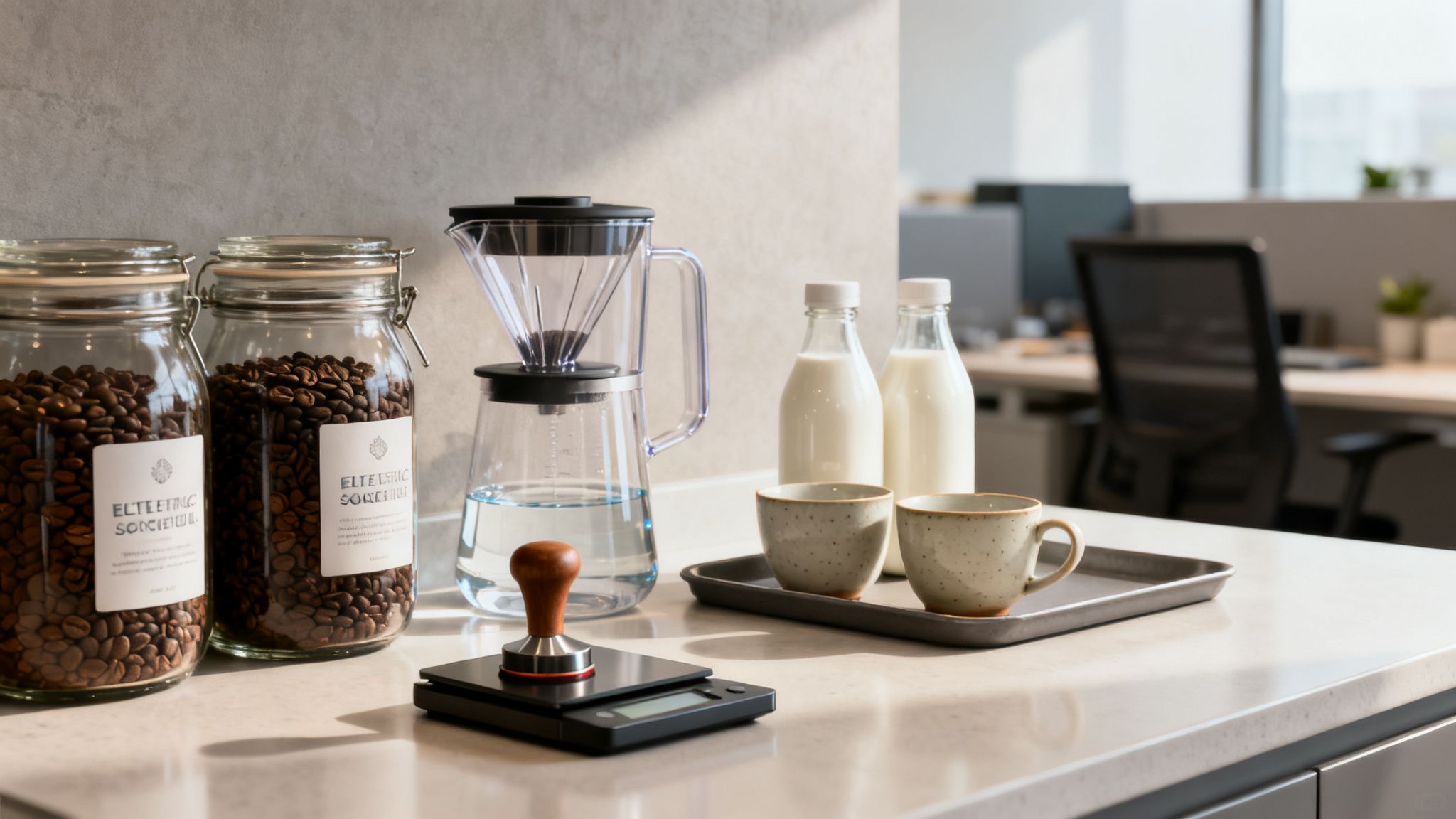 A pour-over coffee station with beans, milk, and cups on a counter in a modern office.