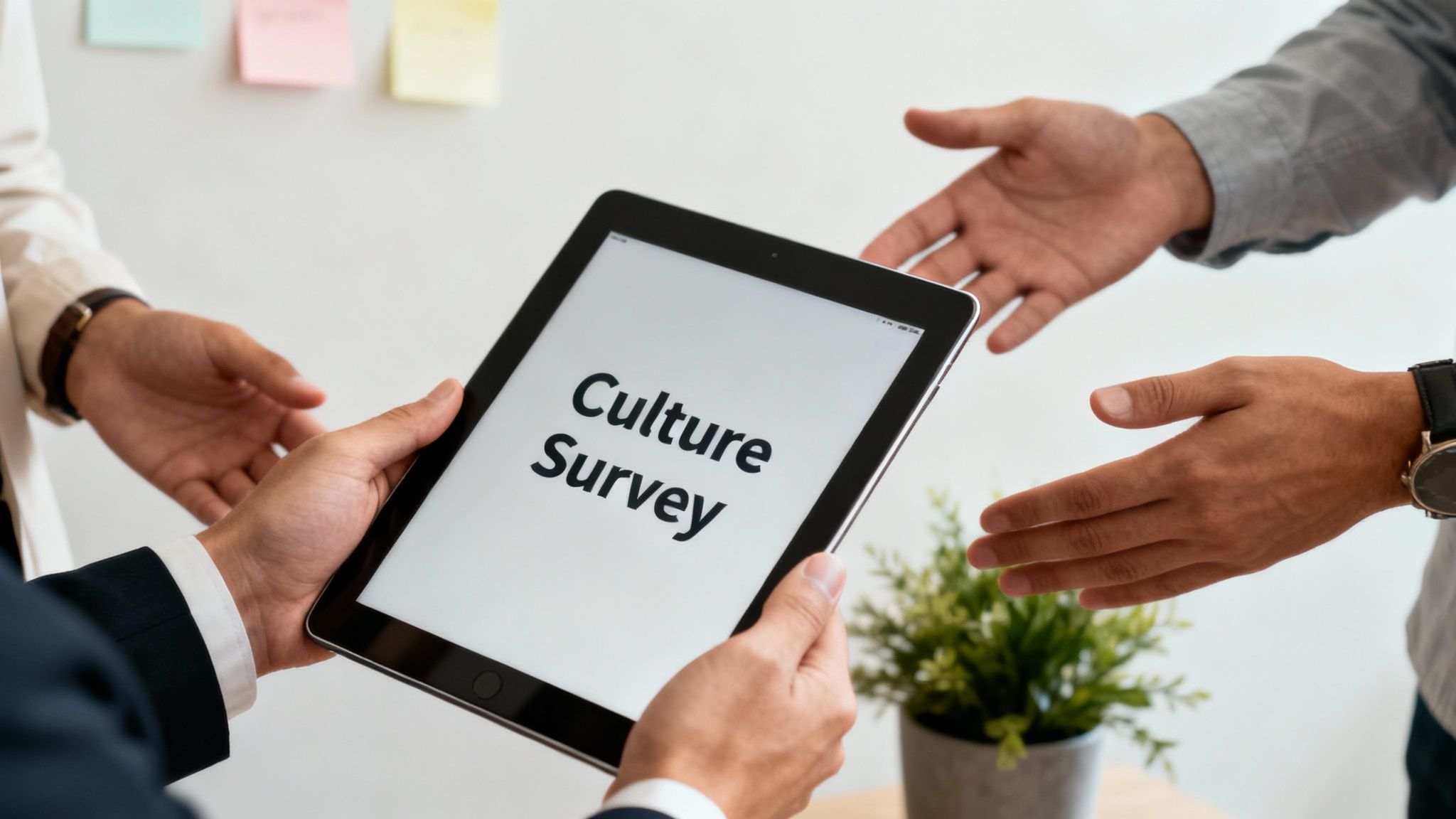 Hands holding a tablet displaying 'Culture Survey' while other hands reach out to interact.