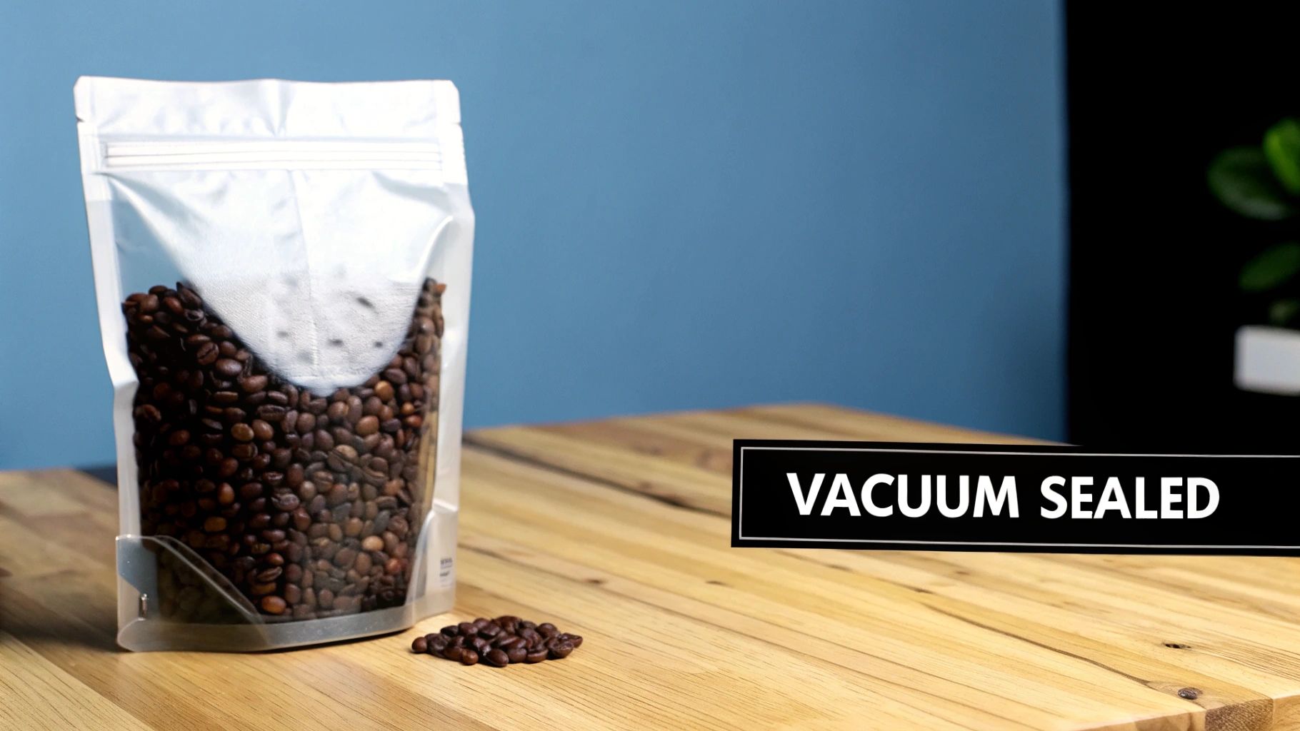 A vacuum sealer machine sealing a bag of coffee beans next to a canister.