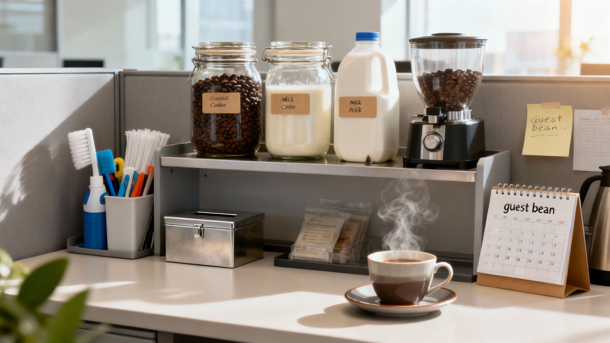 A person making a coffee in the office with a professional coffee machine.
