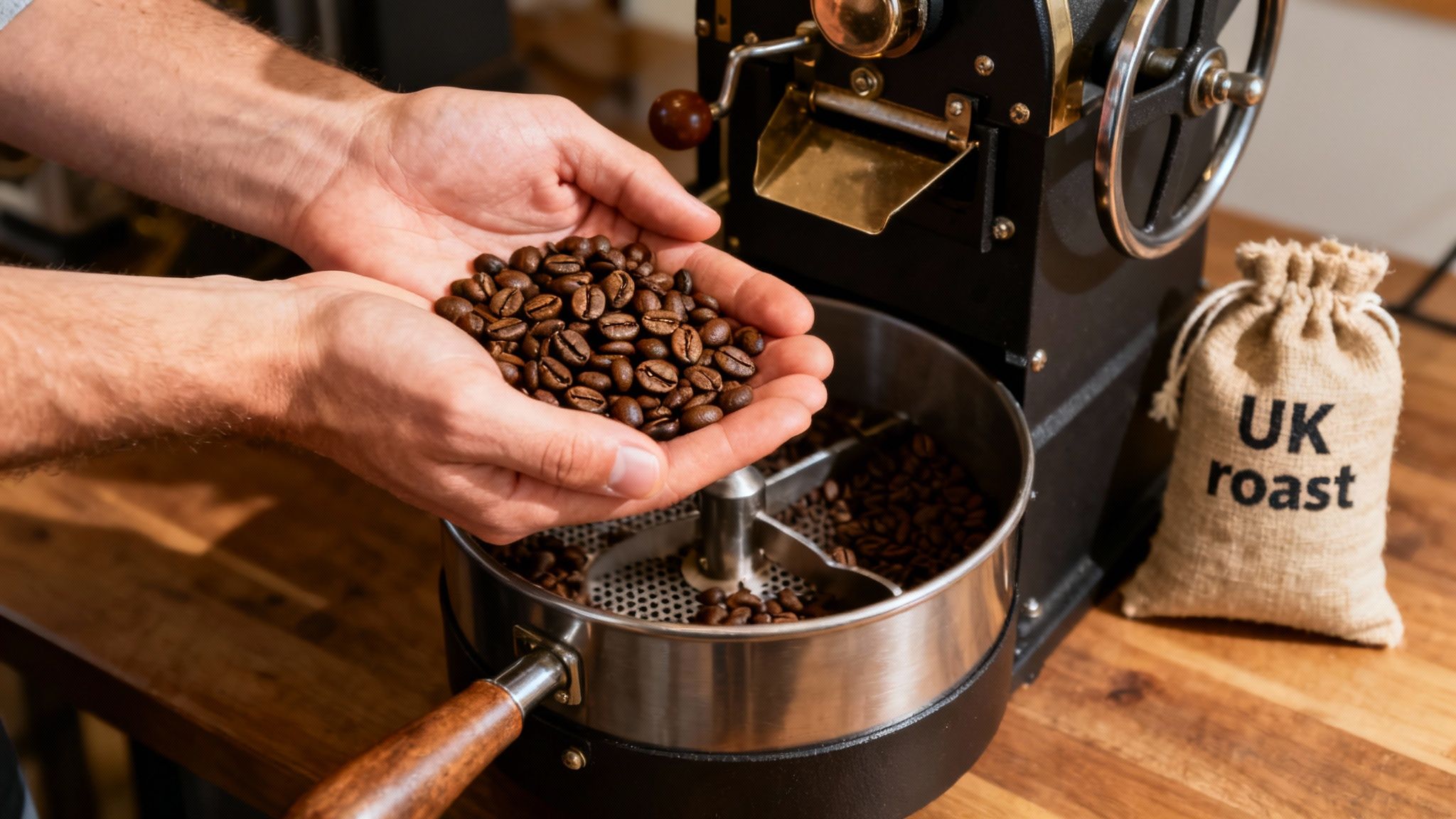 Hands holding freshly roasted coffee beans over vintage roasting machine with UK roast bag
