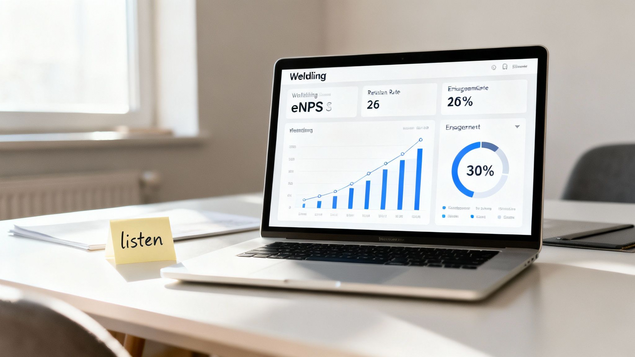 A laptop on a desk displays an employee wellbeing dashboard with eNPS, engagement, and retention metrics. A 'listen' sticky note is nearby.