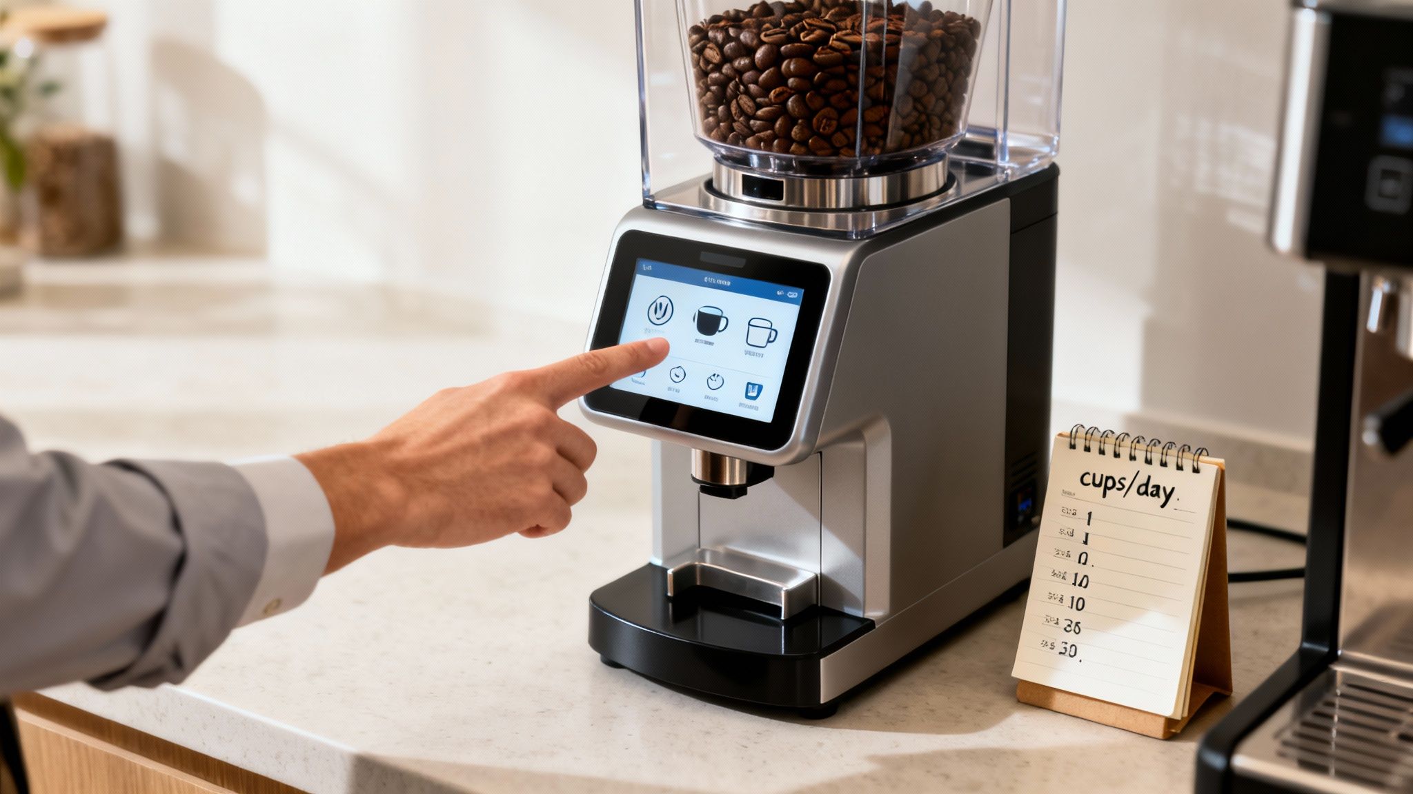 A hand interacts with a touchscreen of a modern coffee grinder filled with fresh coffee beans.