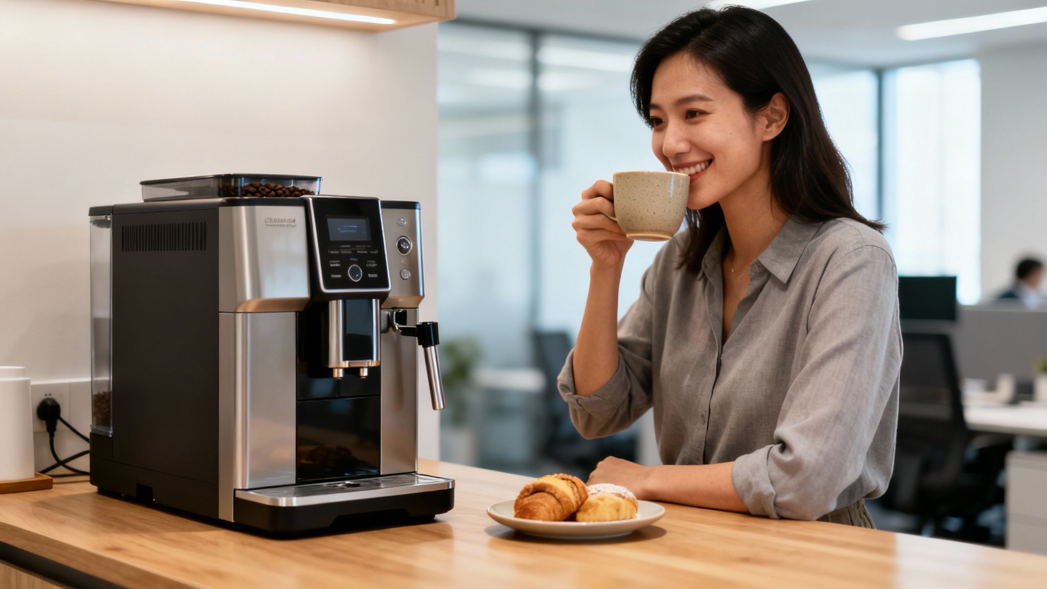 A smiling woman enjoys coffee next to a modern coffee machine and pastries in an office.