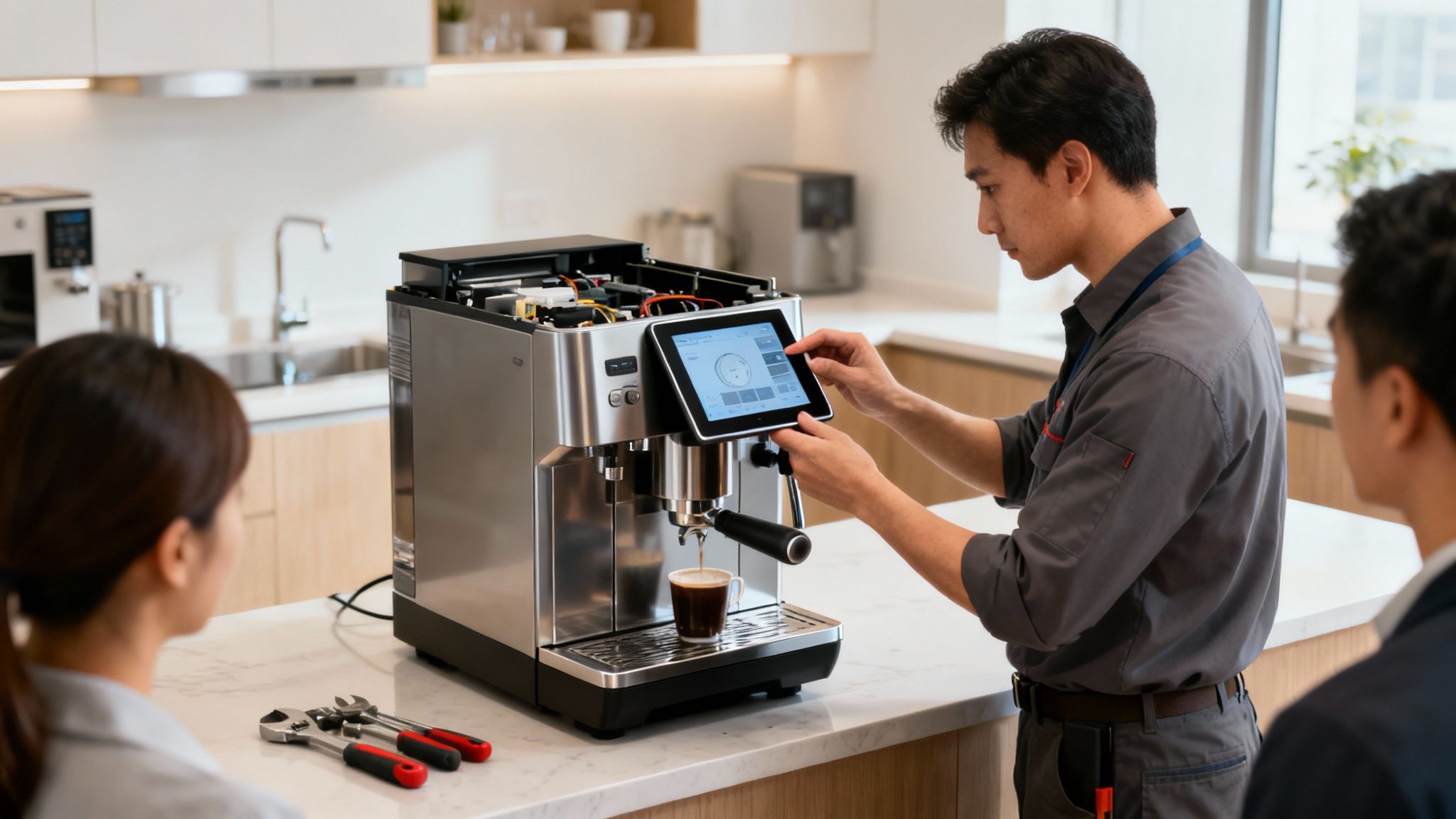 A technician diagnoses a disassembled office coffee machine using a tablet, observed by two people.