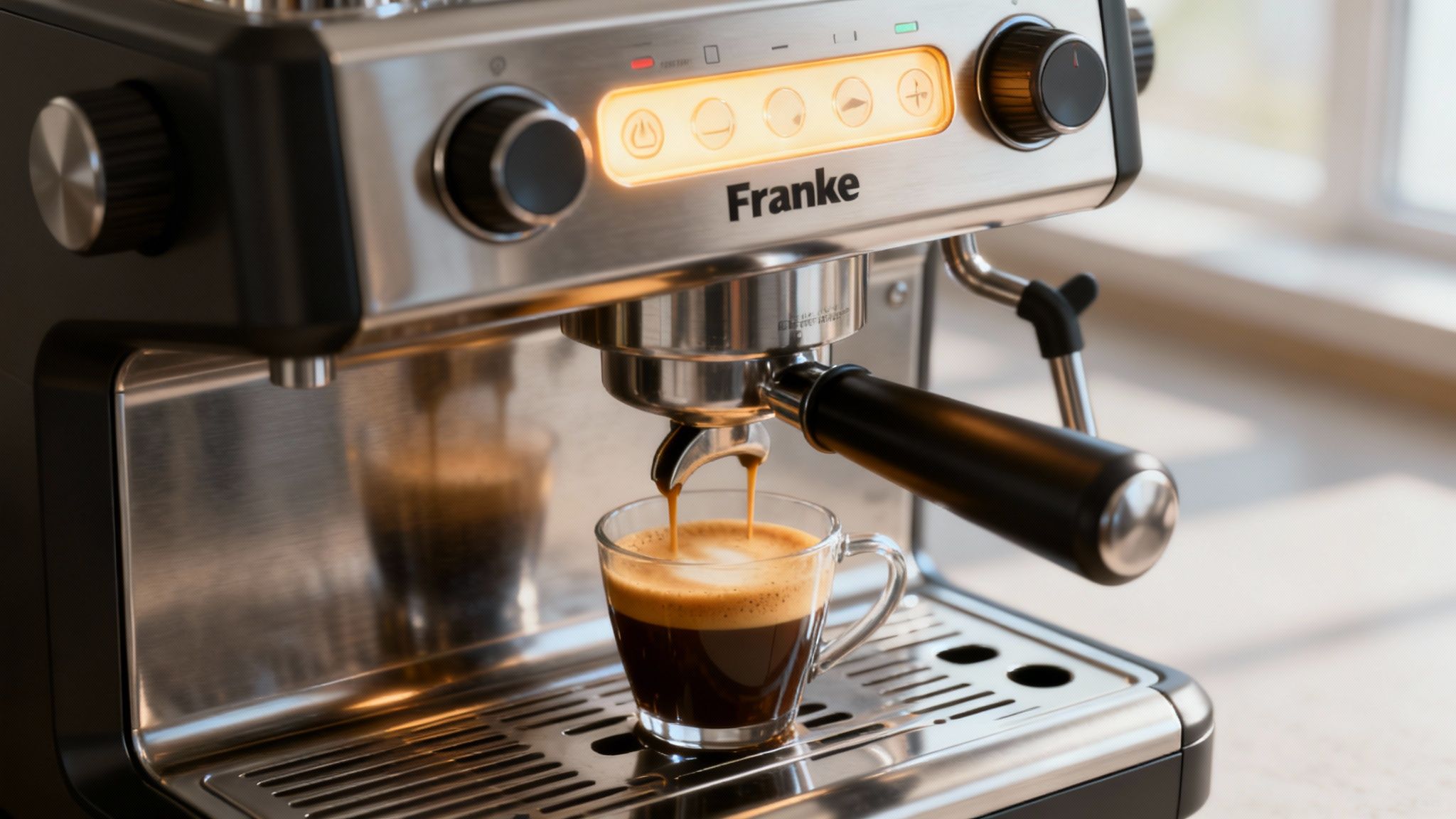 Close-up of a perfectly frothed cappuccino in a cup, highlighting the quality of the milk foam from a Franke machine.