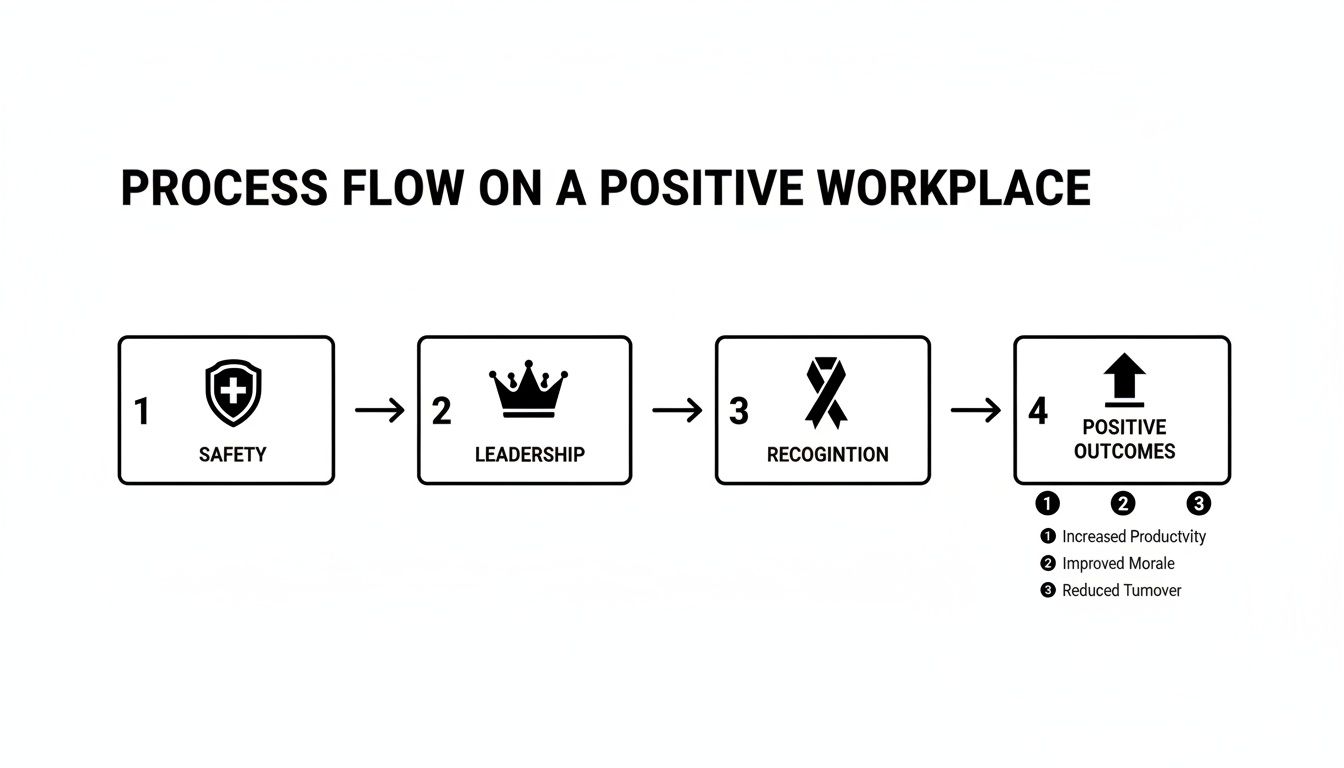 Flowchart illustrating the process to create a positive workplace through safety, leadership, and recognition.