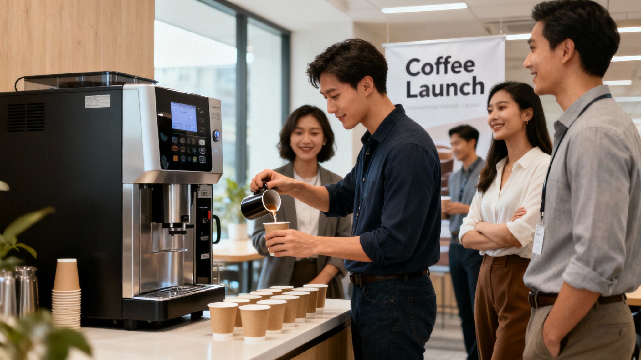 A group of colleagues celebrating the launch of a new office coffee machine.