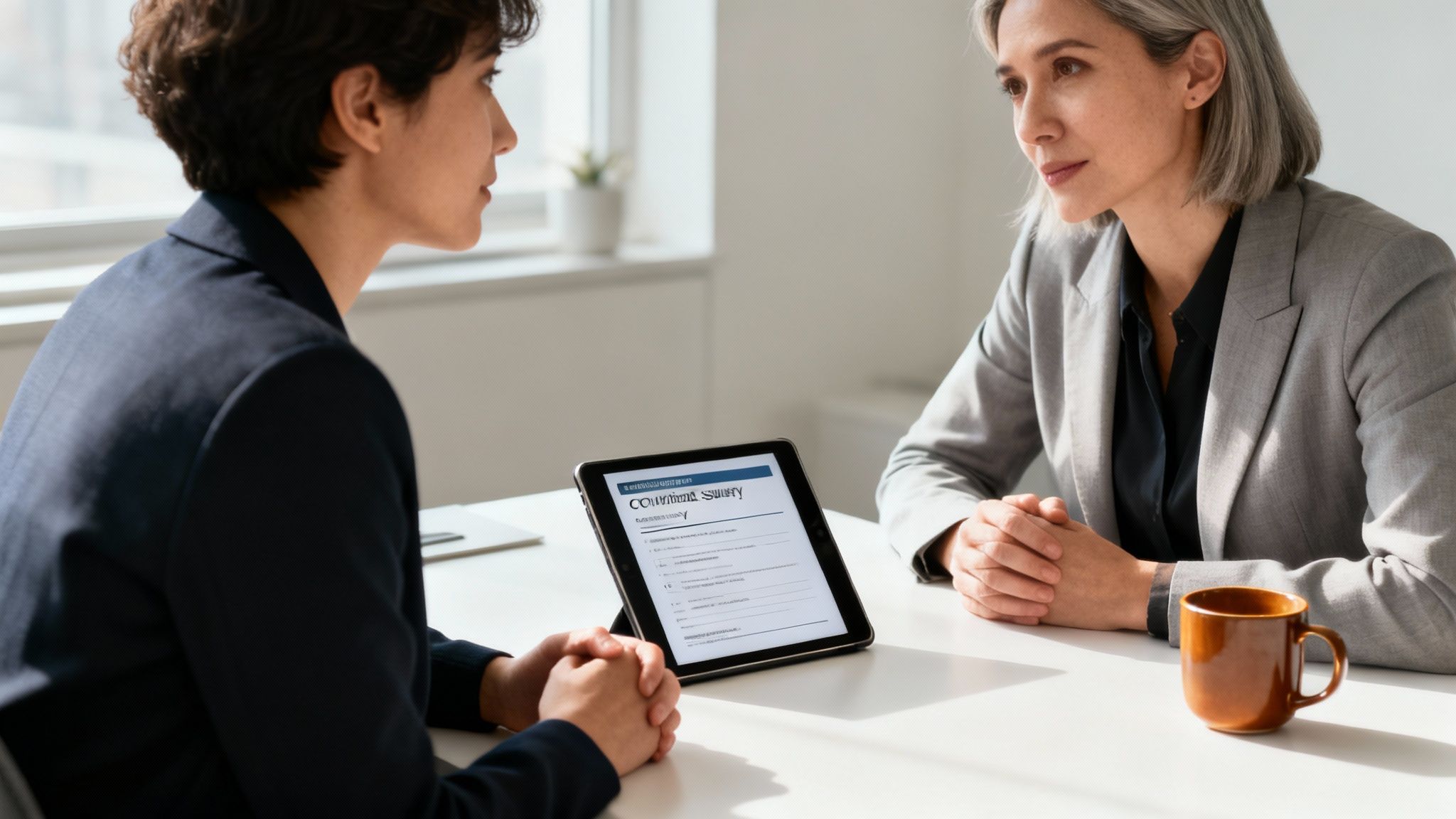 Two professional women in business attire discussing strategy during a meeting with a tablet.