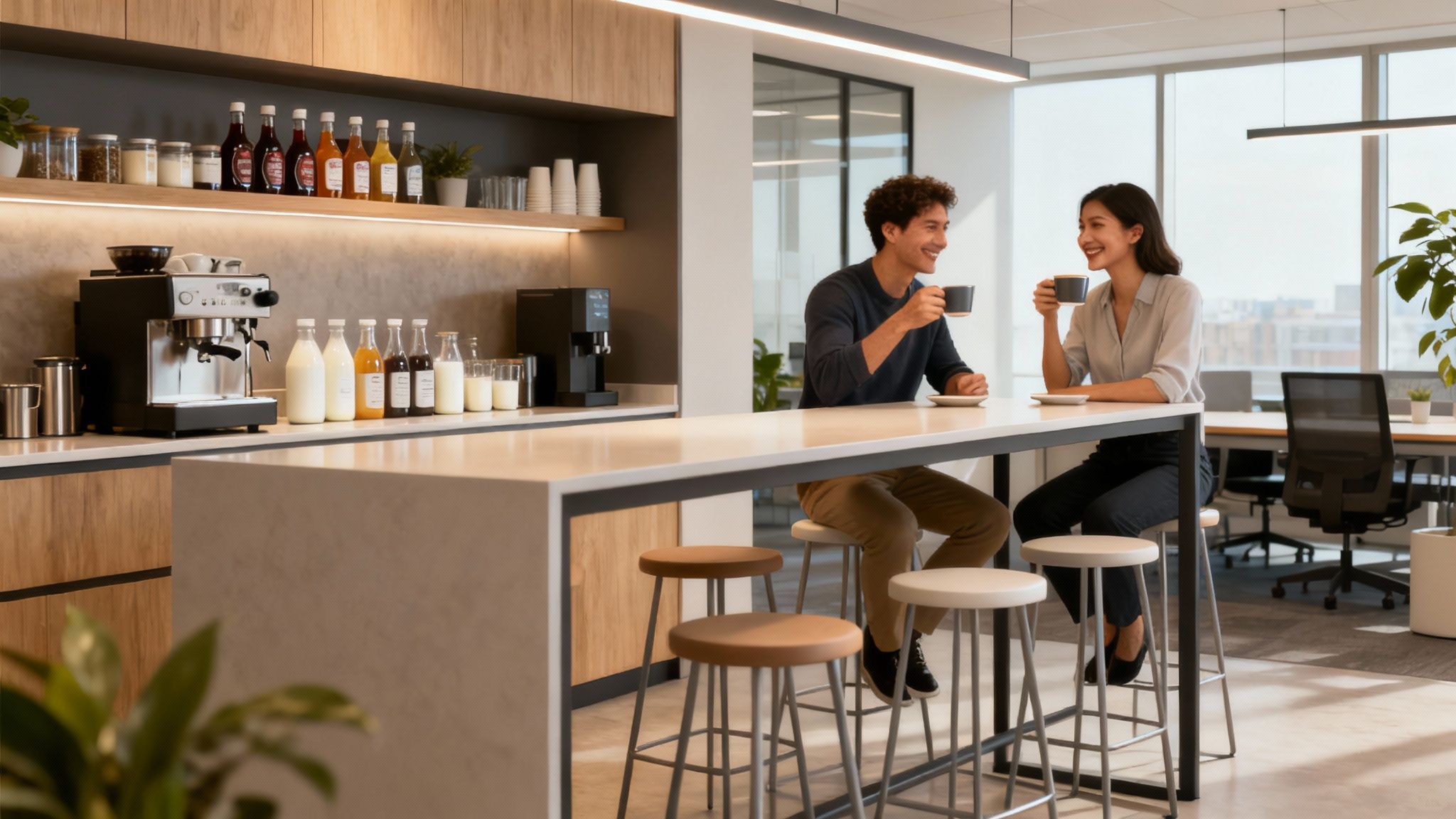 A vibrant office break room with colleagues chatting near a high-end coffee machine.
