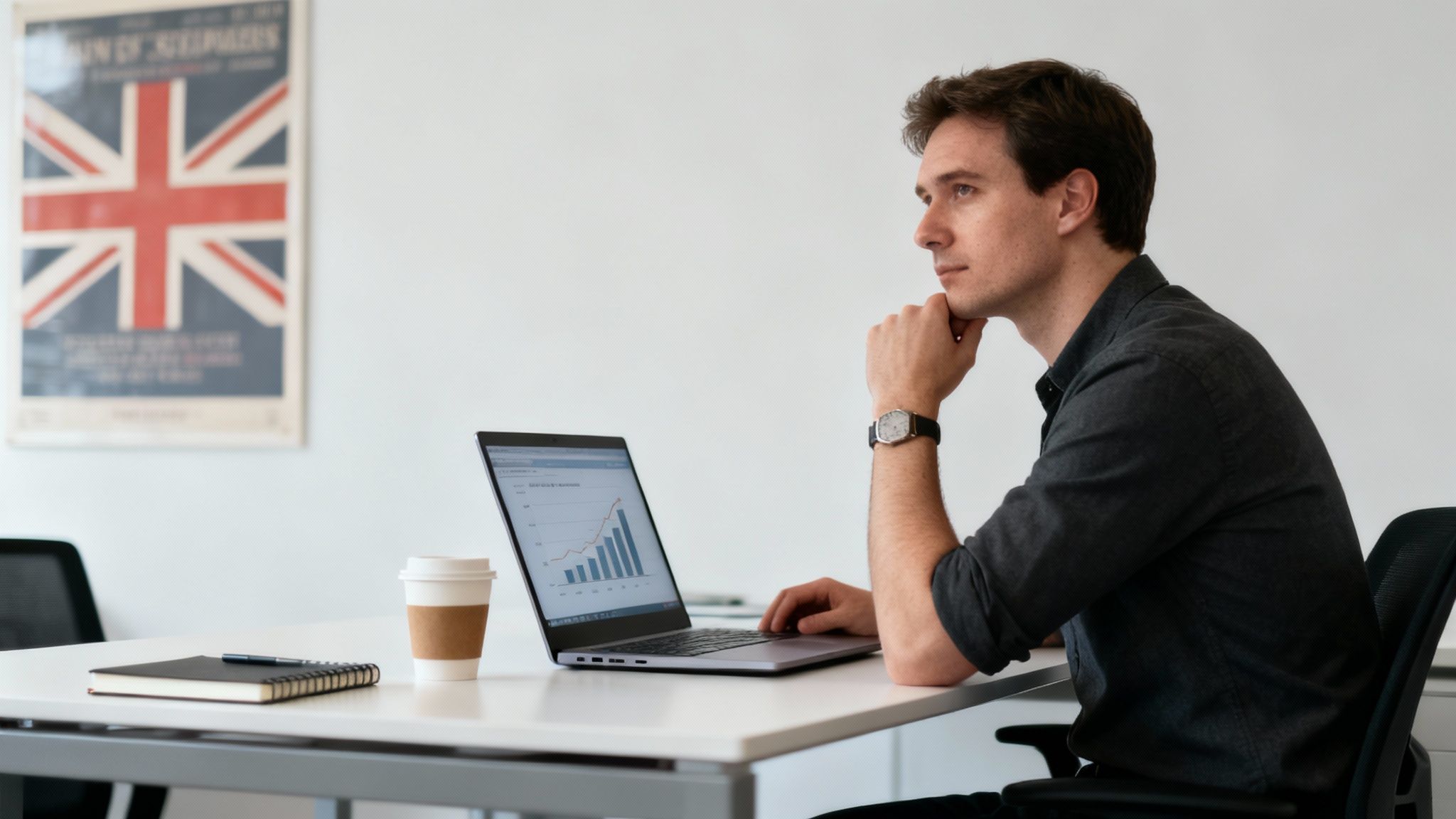 A thoughtful man sits at a desk, looking at a laptop with graphs, a coffee cup, and a notebook.